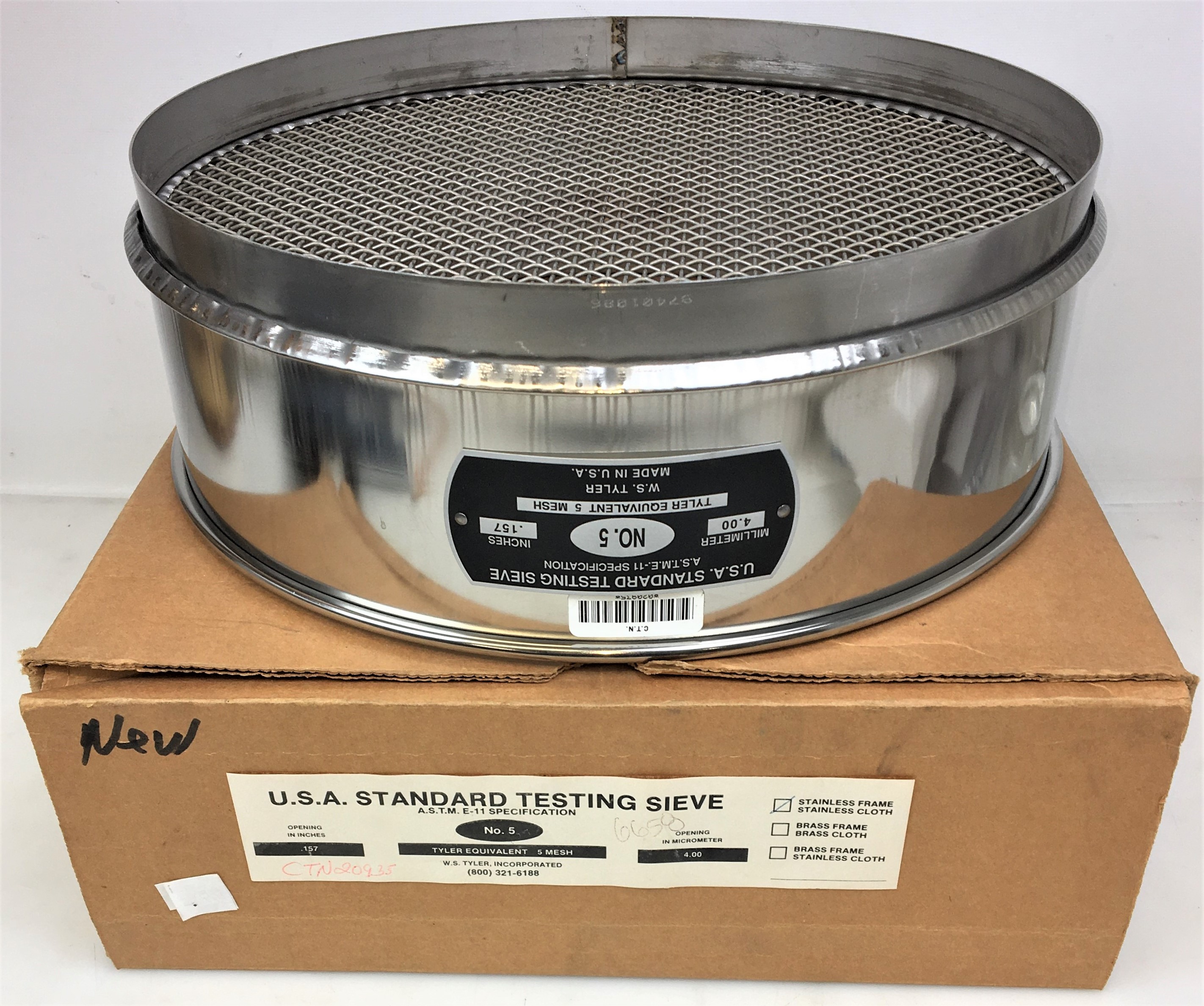 New Open Box Tyler #5 Stainless Steel 12" Sieve - 4mm