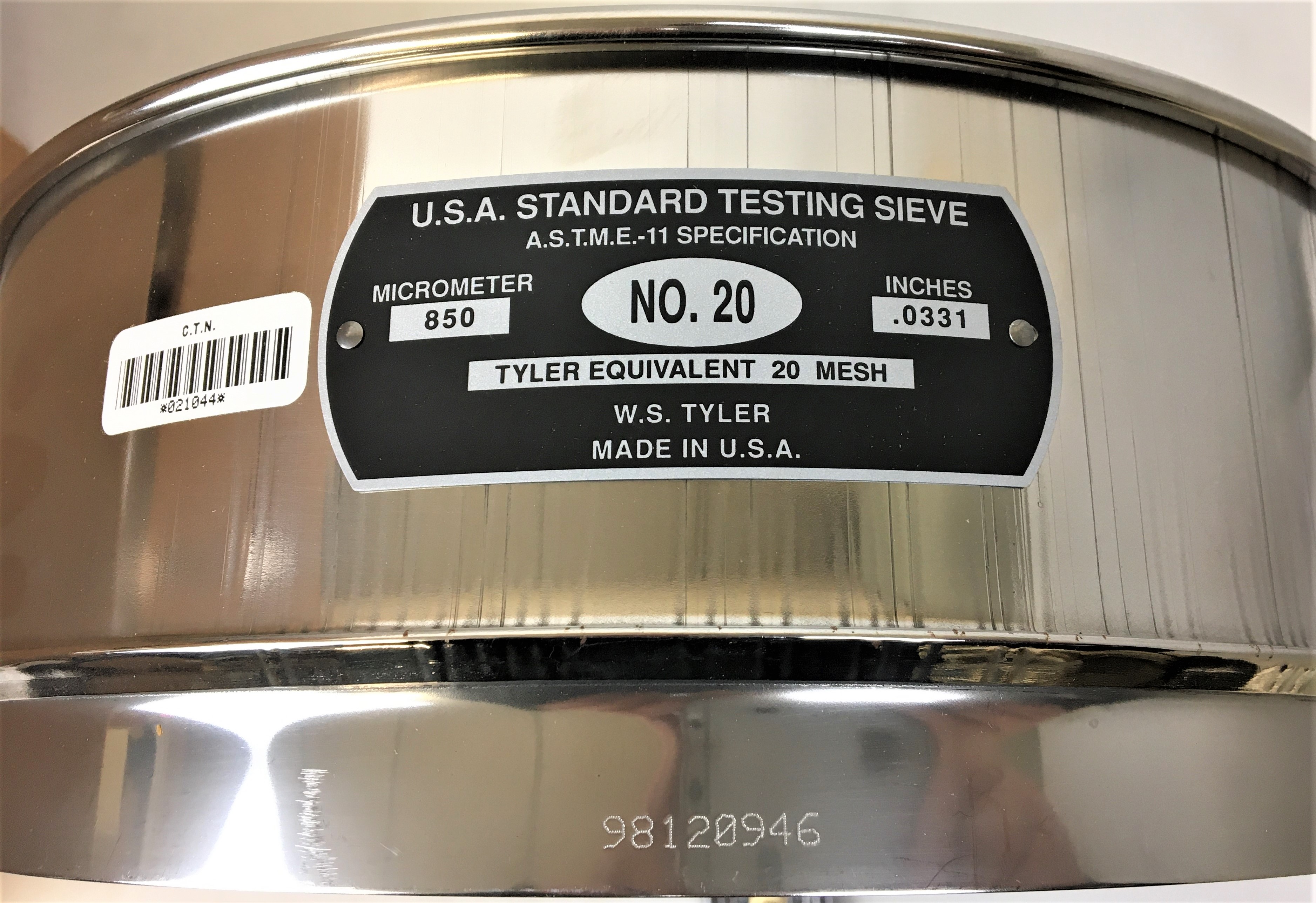 New Open Box Tyler #20 Stainless Steel 12" Sieve (850μm)