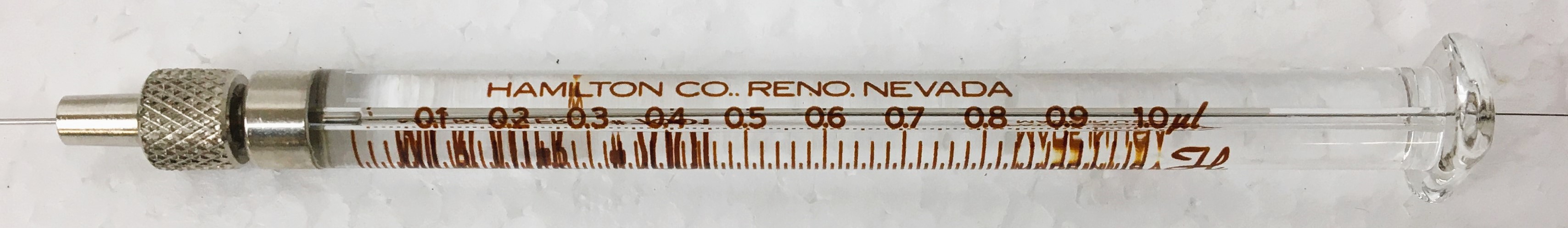 Used Hamilton 80100 Microliter #7001-N Injection Syringe with Knurled Hub - 1 μL