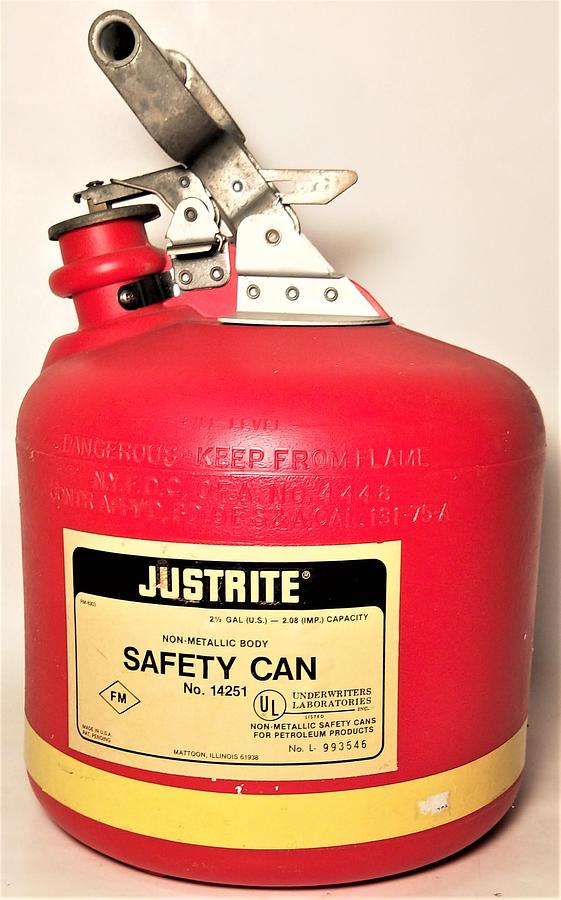 Used Justrite 14251 Non-Metallic Safety Can for Petroleum Products - 9.4 L (2.5 Gallon)