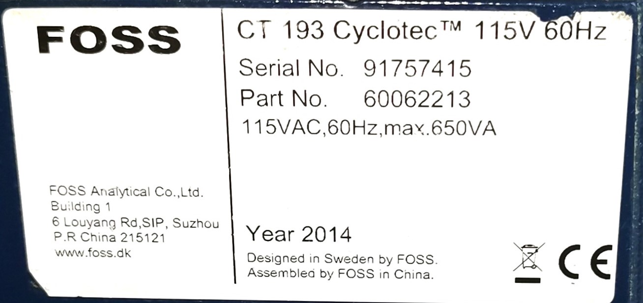 Used Foss CT 193 Cyclotec Sample Mill