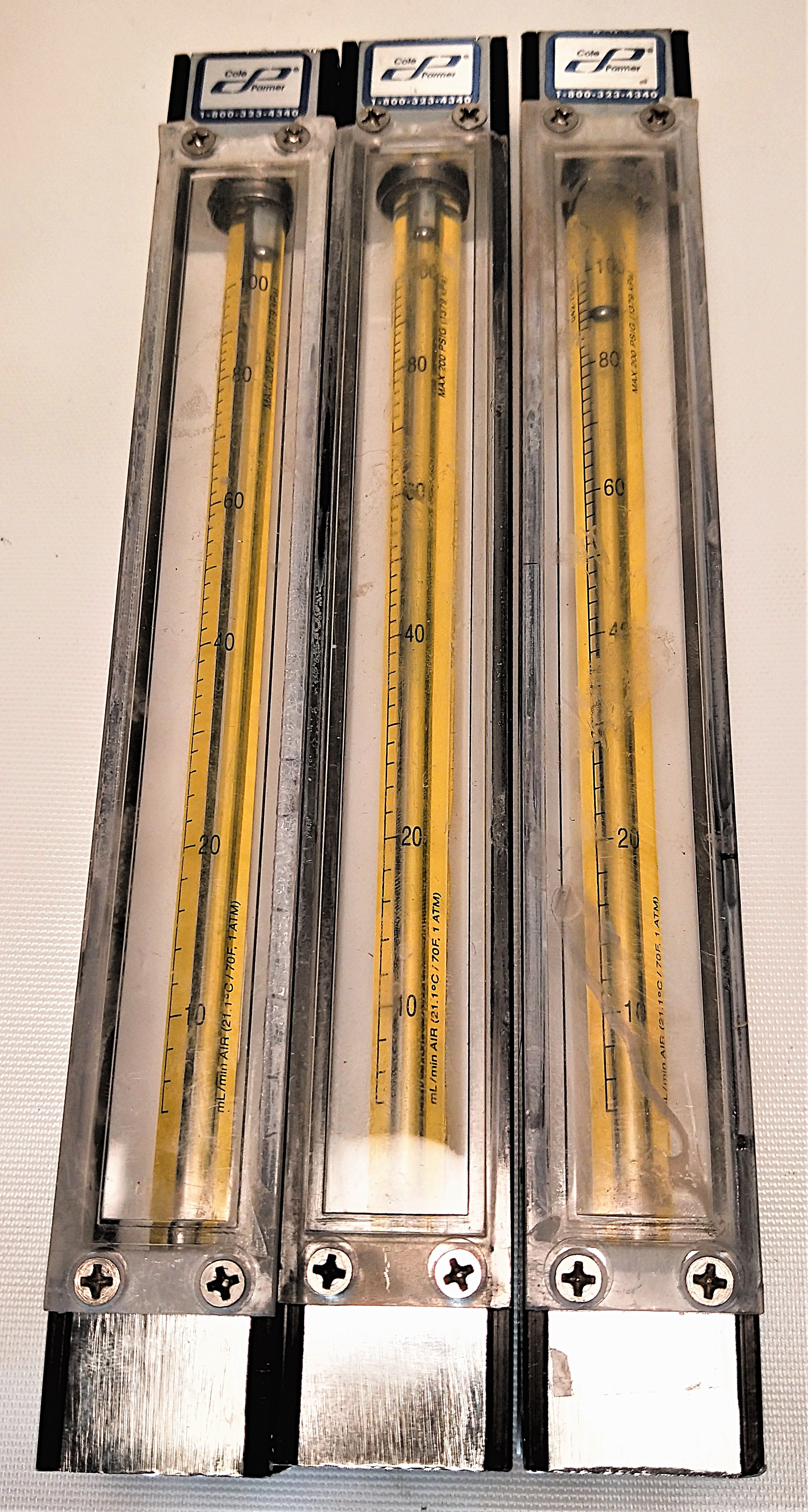 Used Cole-Parmer PMR1-010708 Variable Area Flow Meter (100mL/min)