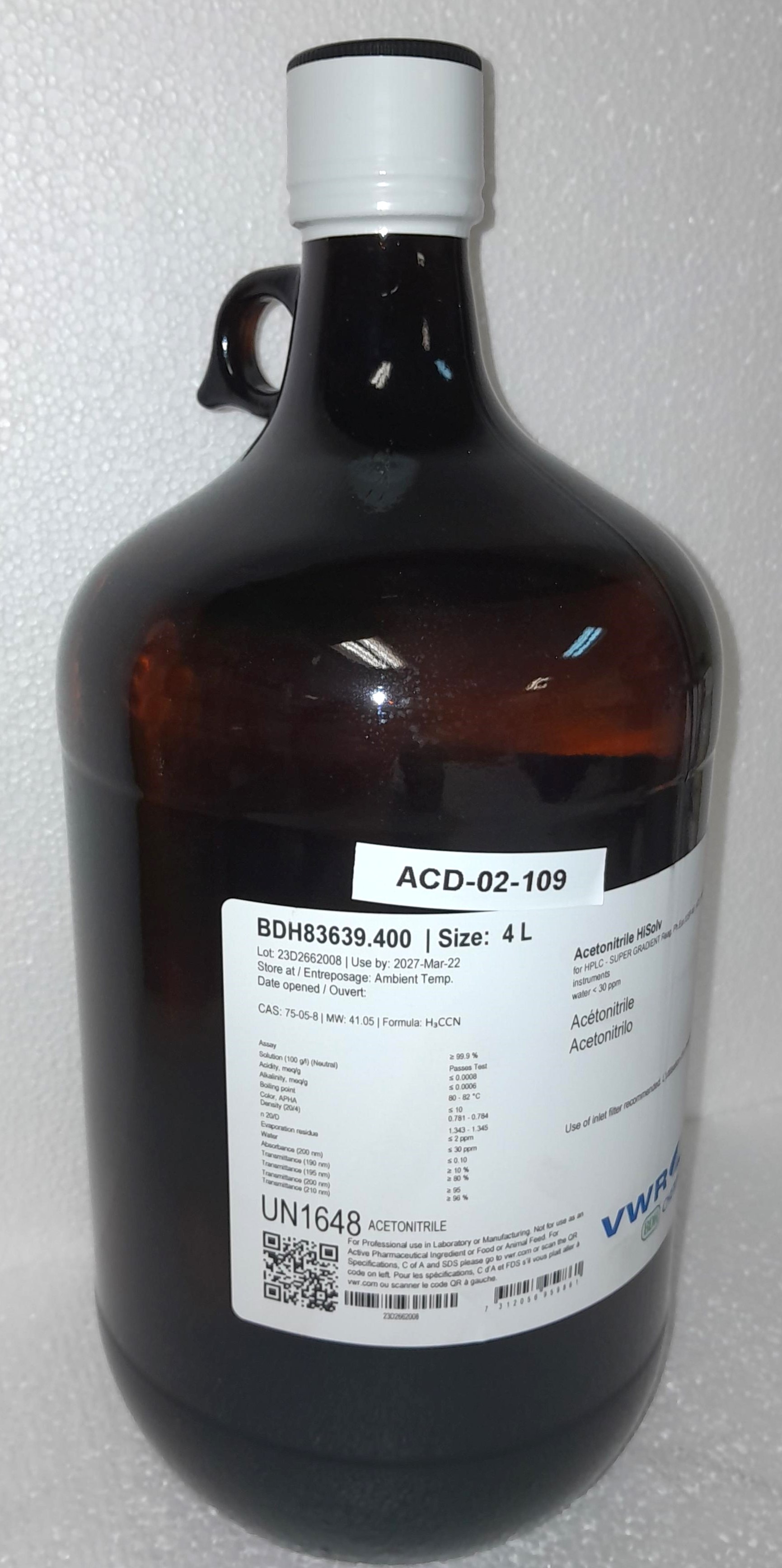 New VWR BDH83639.400 Acetonitrile HiSolv - ≥99.5% ACS (4L)