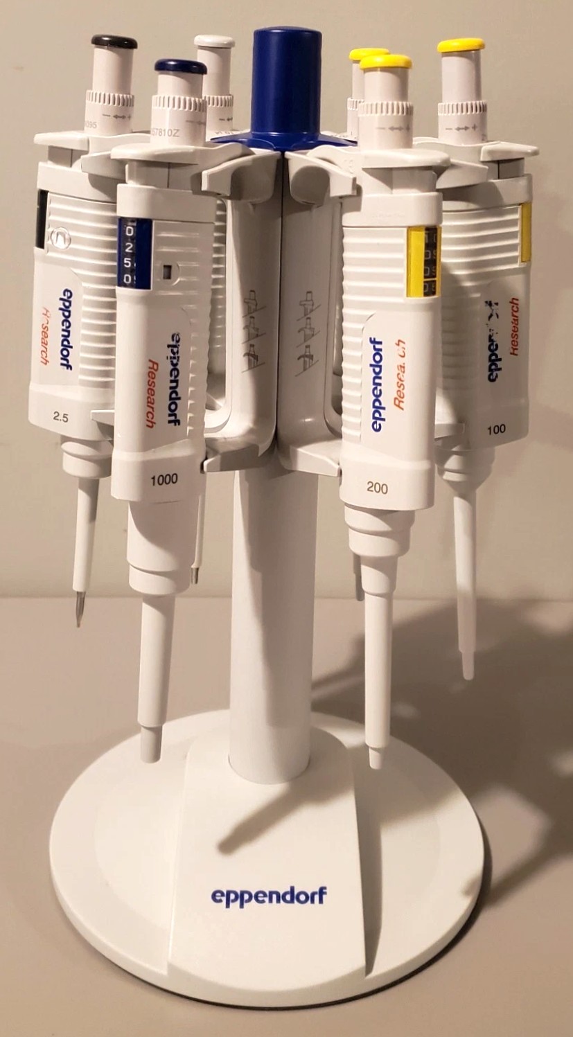 Used Eppendorf Research Micropipettor Set with Stand (2.5, 10, 20, 100, 200, 1000 uL)