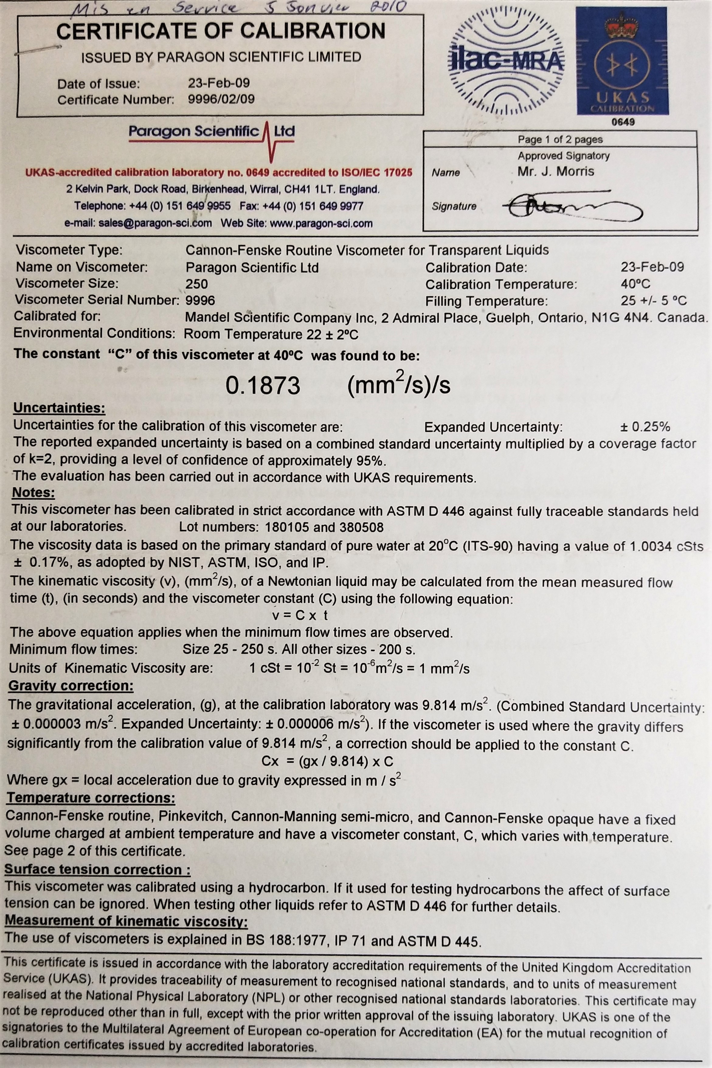 New Open Box Cannon-Fenske CFRC-250 Certified Routine Viscometer Tube (Size 250)
