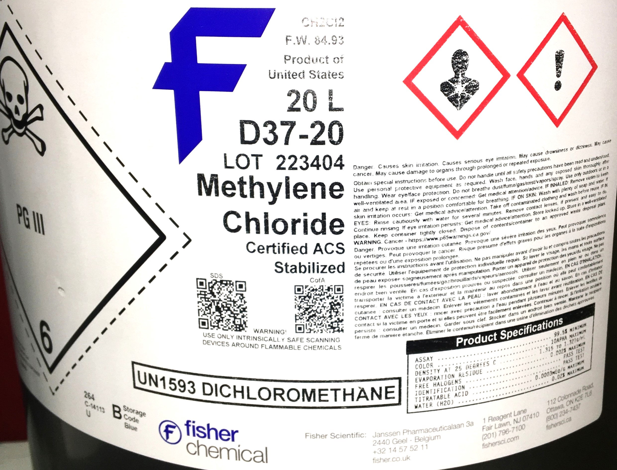 New Fisher Chemical D37-20 Methylene Chloride - ≥99.5 % (20L)