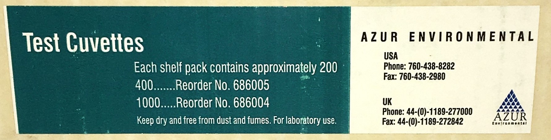 New Open Box Azur Environmental 686005 Test Cuvettes - 12 x 50mm (Pack of 400)