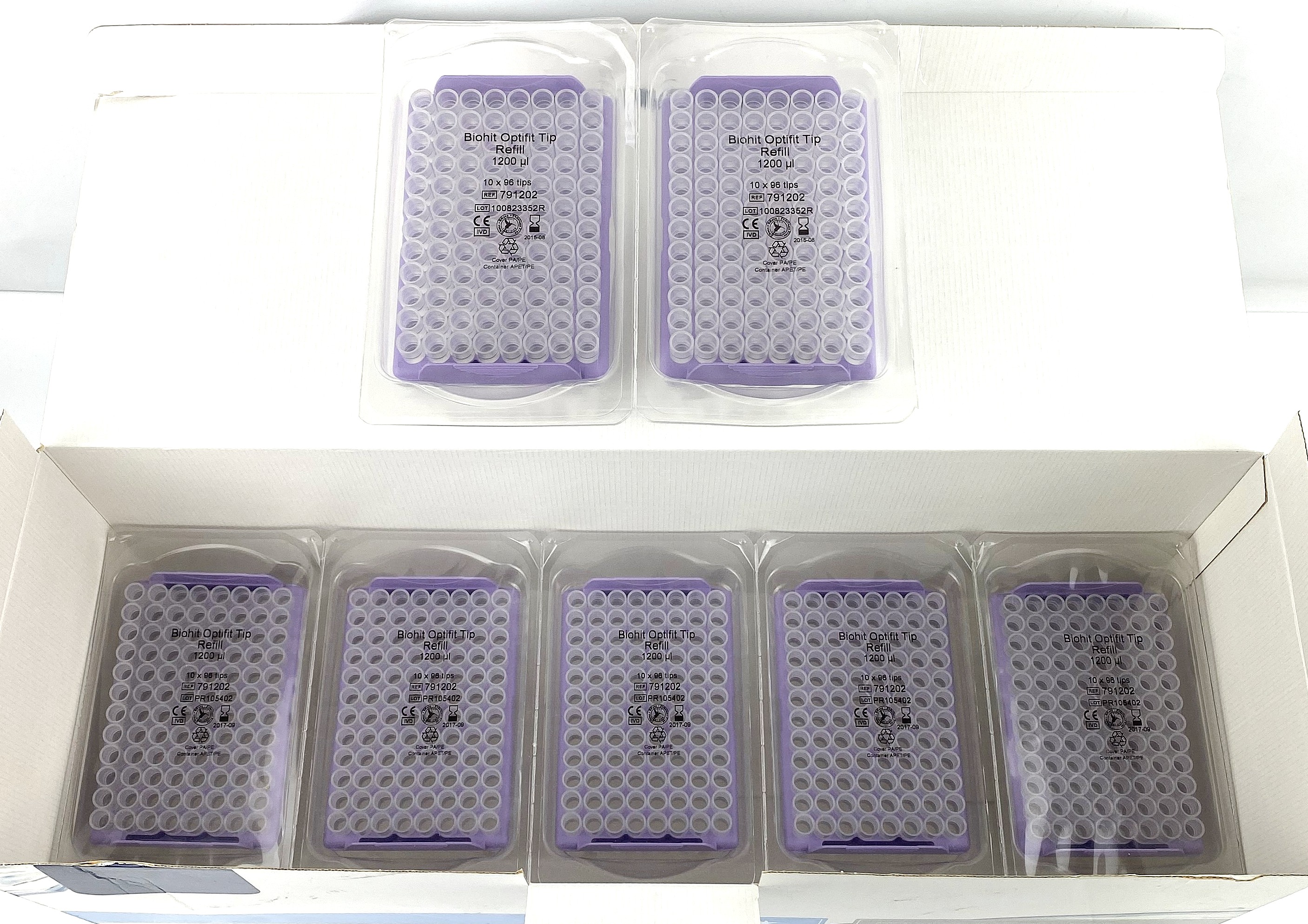New Open Box BioHit Optifit 791202 Pipette Tip Single Refill Pack - 50 to 1200 µL (Tray of 96 Tips)