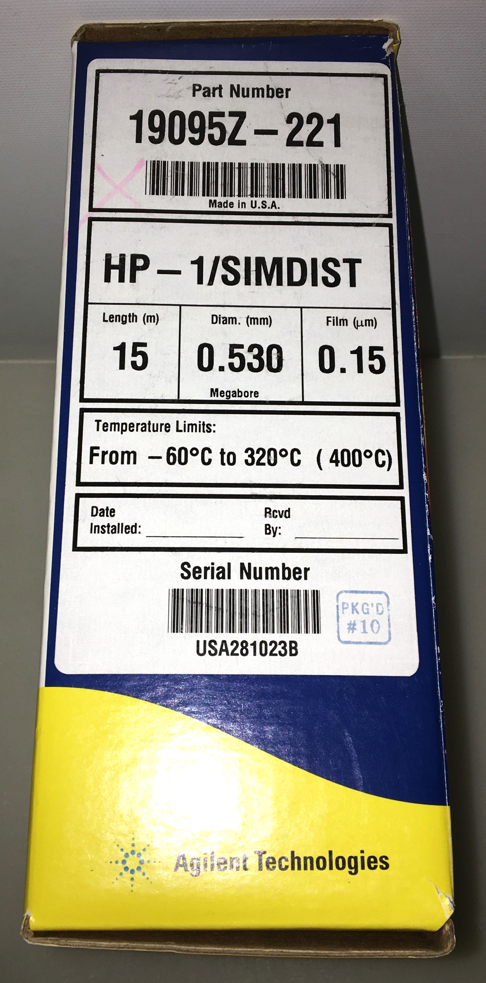 New Open Box Agilent HP-1/SIMDIST (19015Z-221) Capillary Column (15M x 0.53mm x 0.15µm)