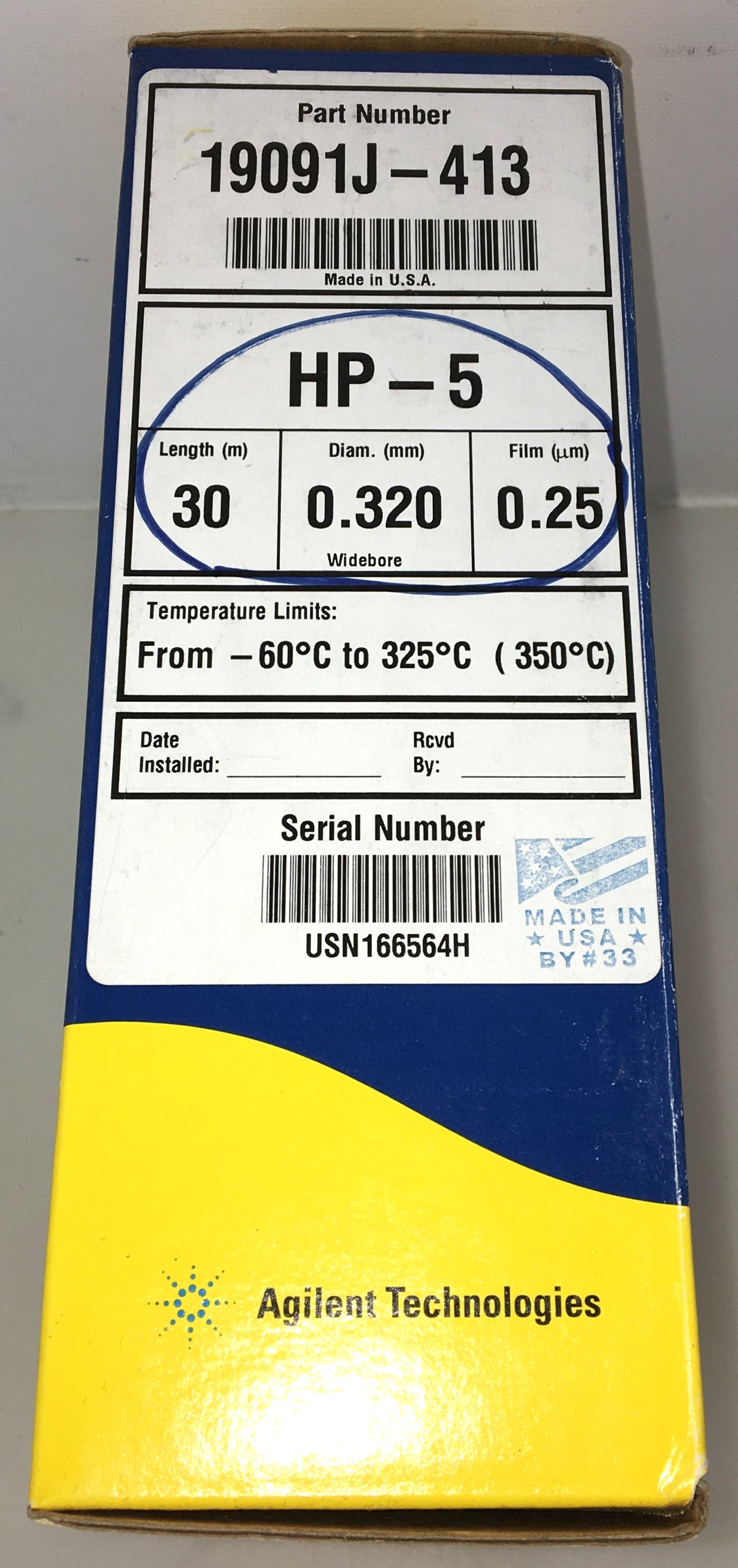 Used Agilent HP-5 (19019J-413) Capillary Column (30M x 0.32mm x 0.25µm)