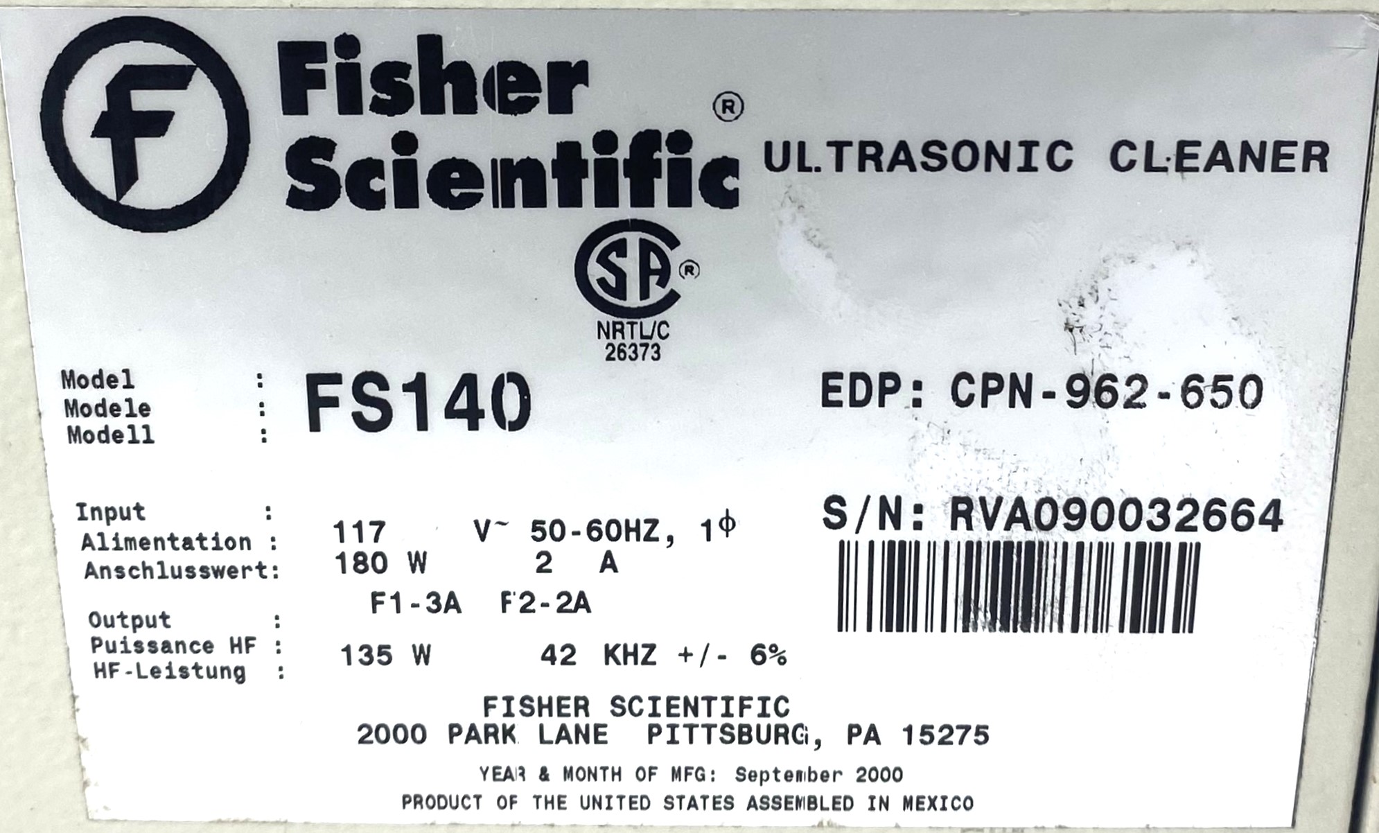 Used Fisher FS140 Ultrasonic Cleaner (13.3L)