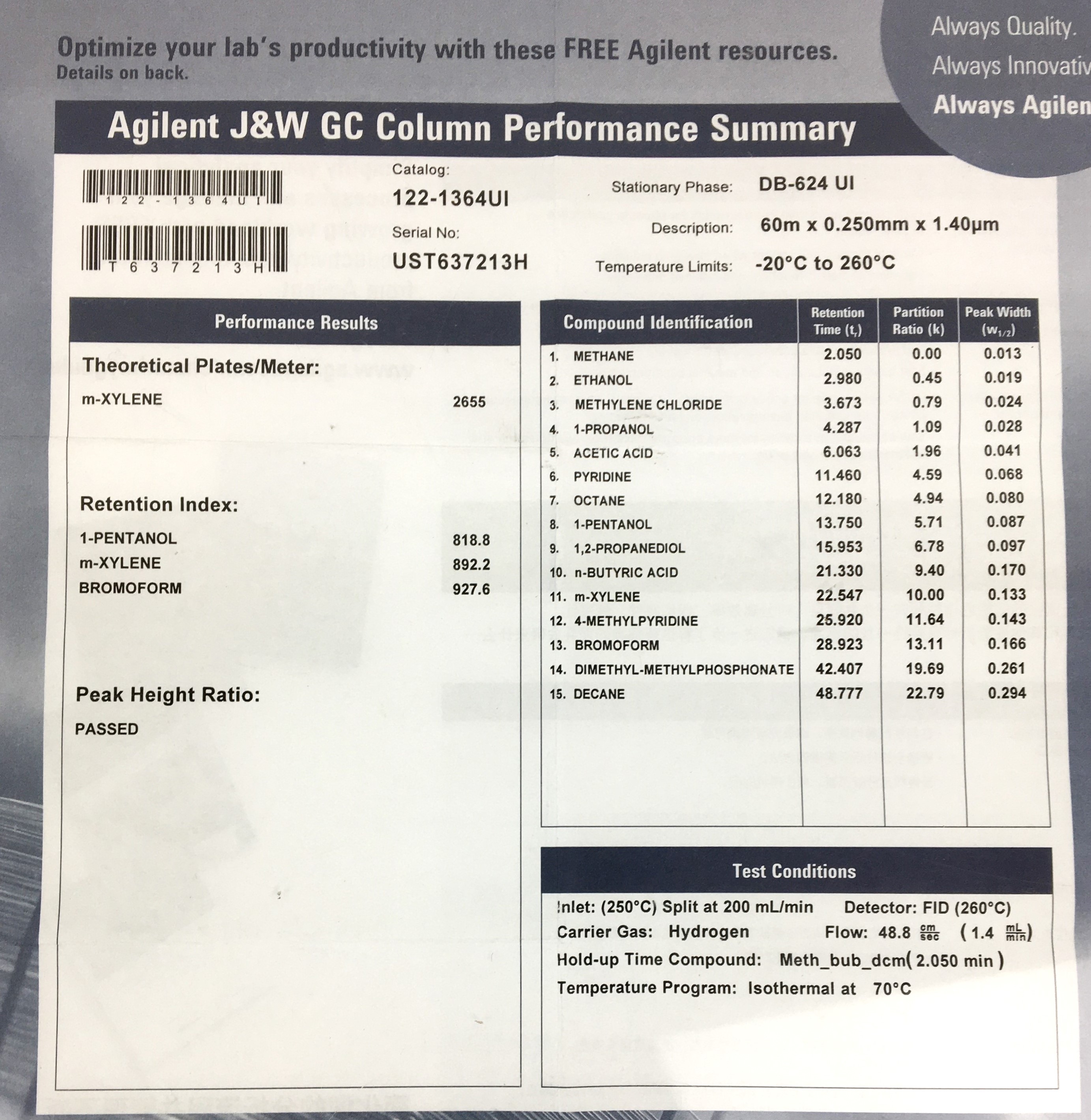 New Open Box Agilent DB-624 (123-1362UI) Capillary Column (60M × 0.25mm x 1.40µm)