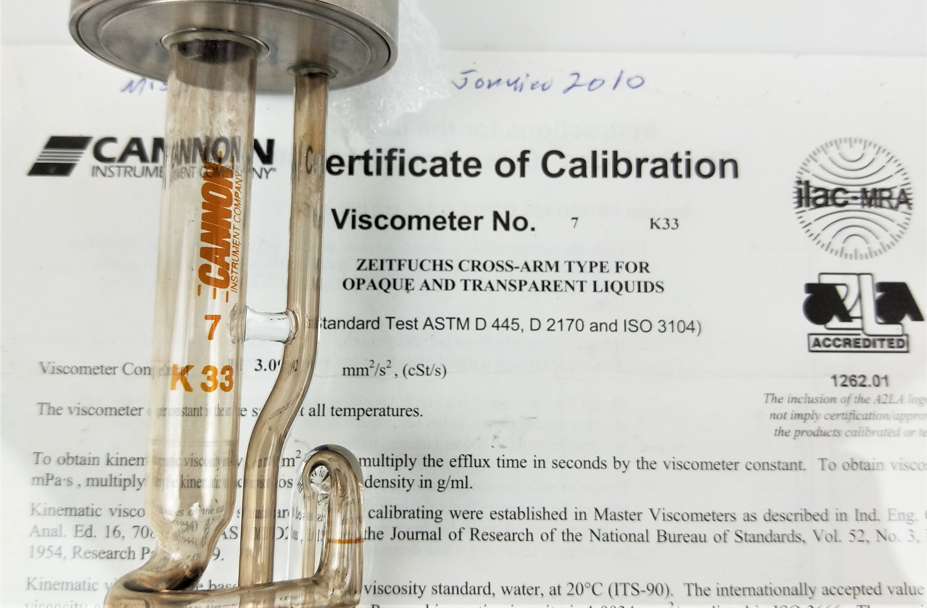Used Cannon ZCAC-RO-7 Certified Zeitfuchs Cross-Arm Viscometer Tube with Holder (Size 7)