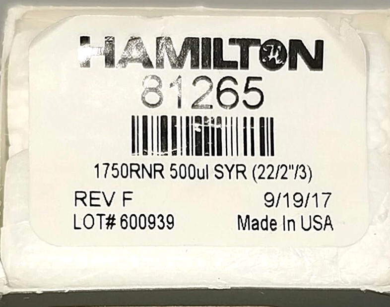 Used Hamilton 81265 Gastight (#1750RNR) 500μL Injection Syringe