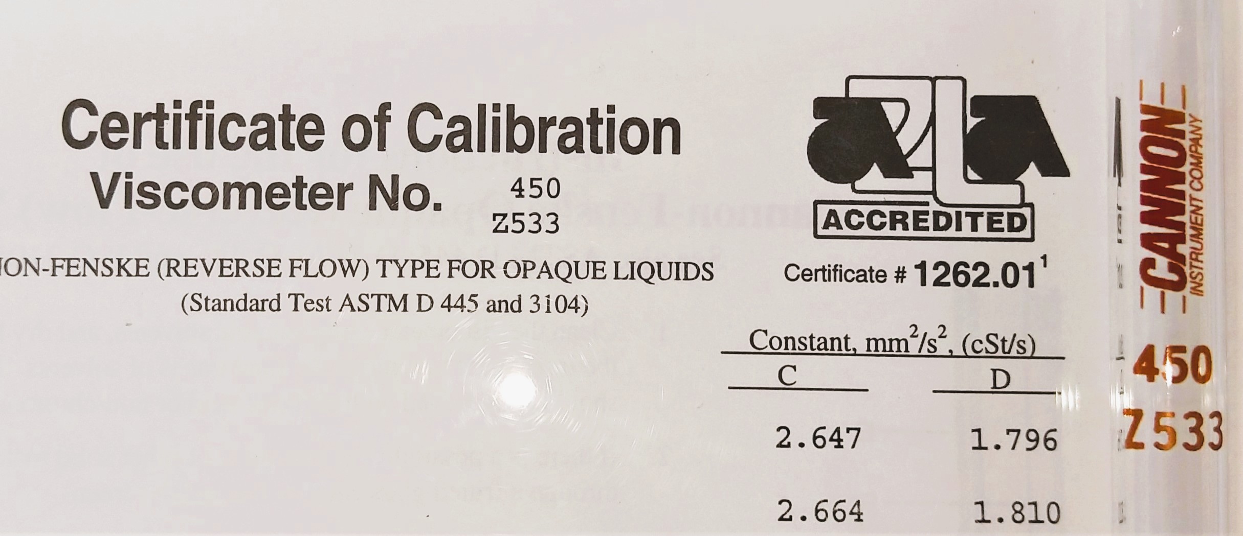 New Open Box Cannon-Fenske CFOC-450 (9721-F77) Certified Opaque Viscometer Tube (Size 450)
