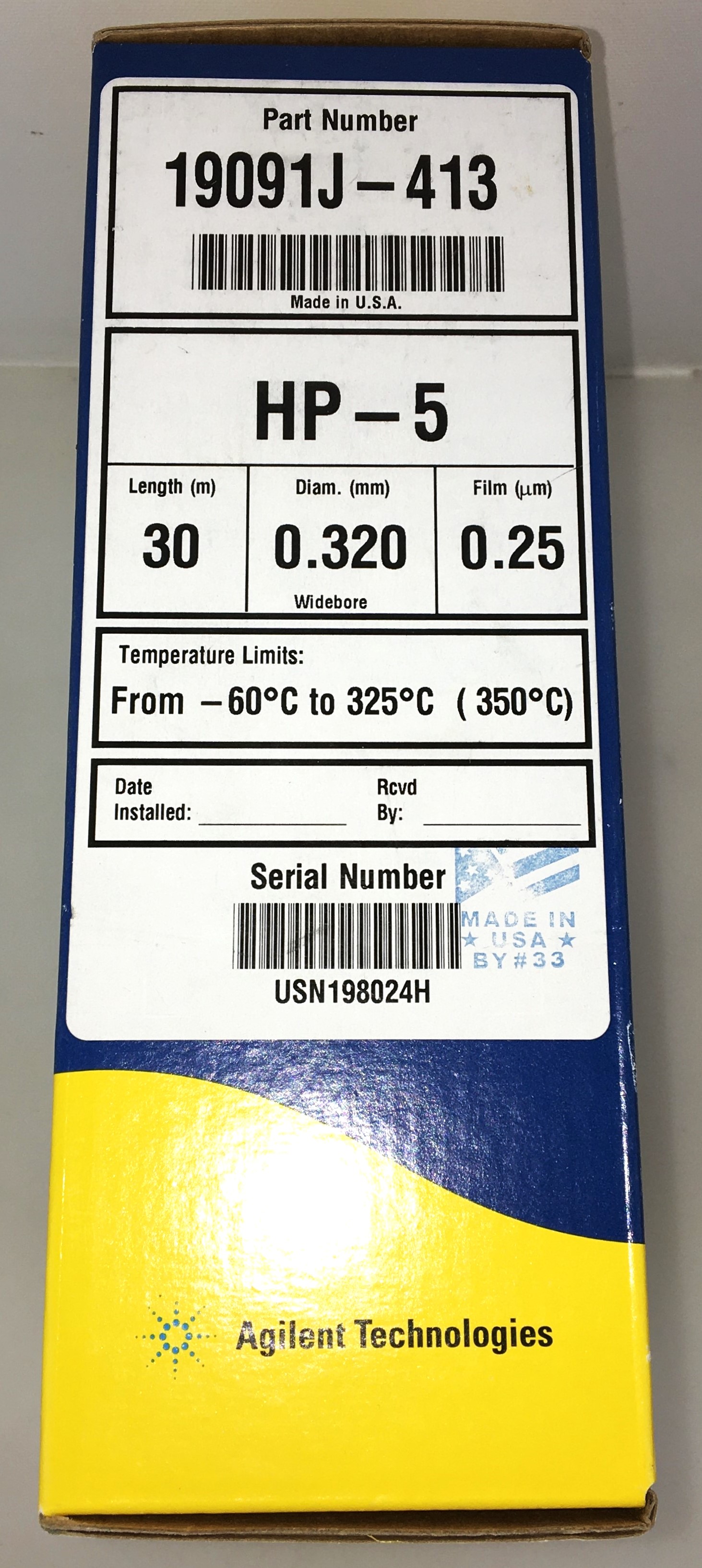 New Open Box Agilent (Hewlett Packard) HP-5 (19019J-413) Capillary Column (30M x 0.32mm x 0.25µm)