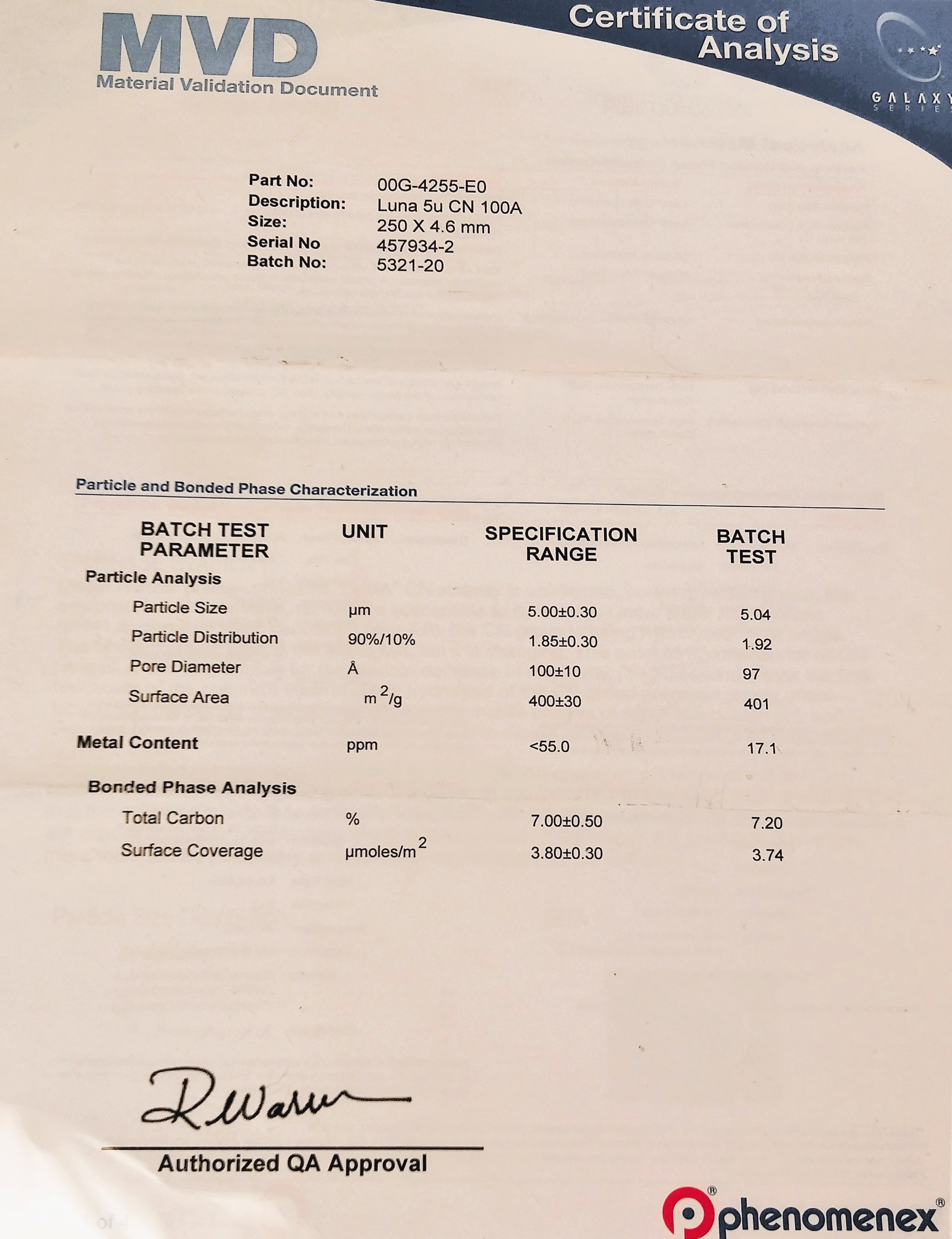 New Open Box Phenomenex Luna CN (00G-4255-E0) LC Column (25 cm × 4.6 mm x 5µm)