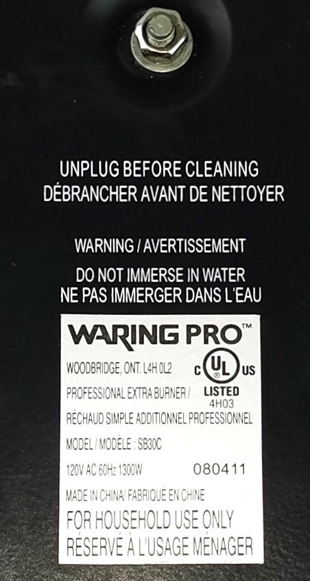 Used Waring Pro SB30C Portable Hot Plate (7" Diam Plate)
