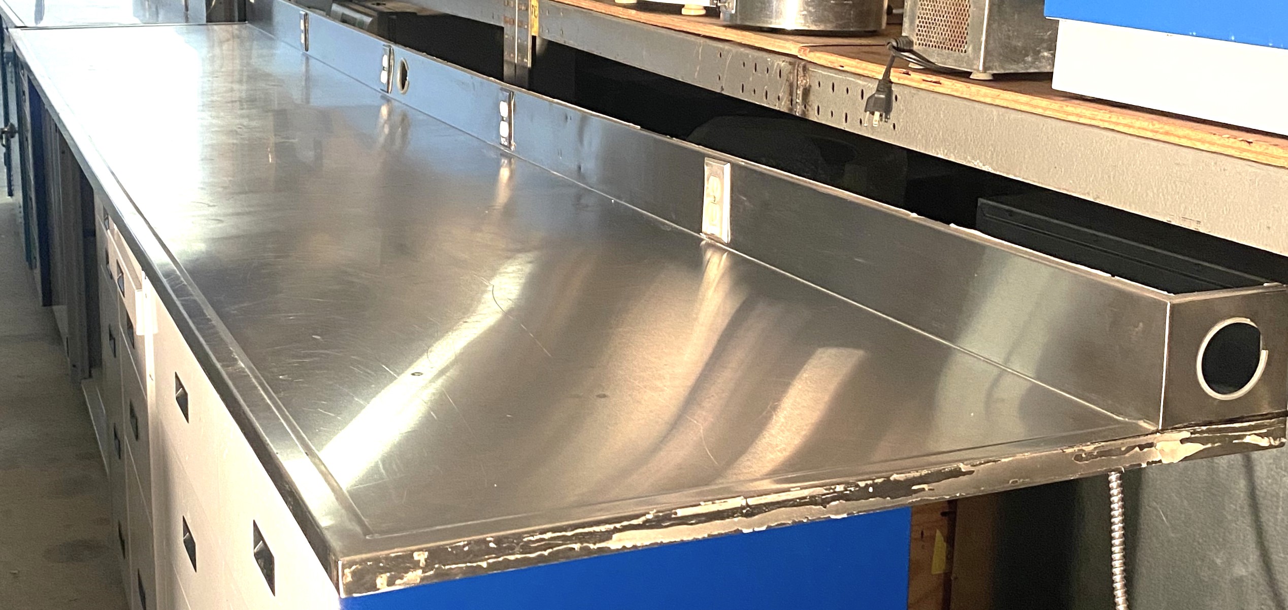 Used Stainless Steel Dished Worksurface with Electrical Outlets and Backsplash (14-ft)