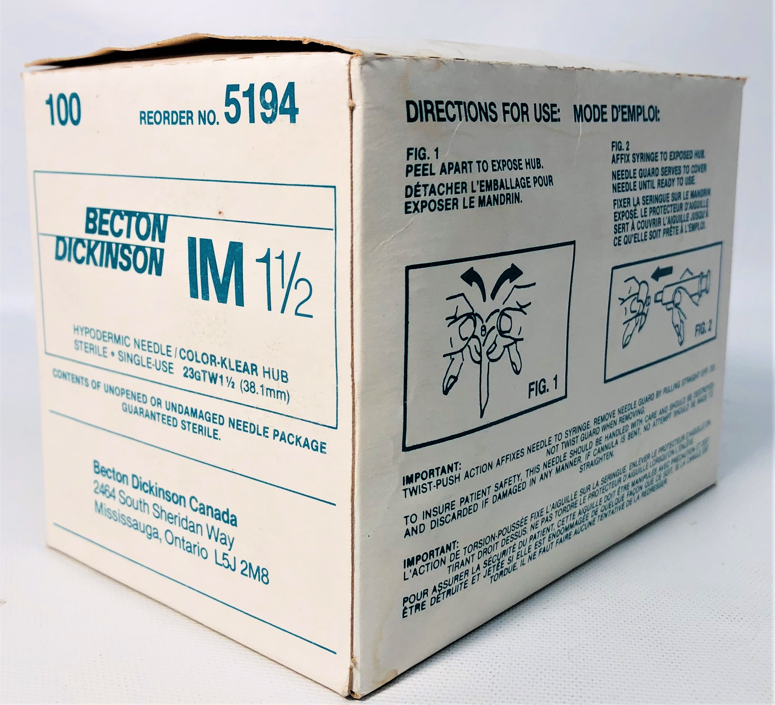 New Open Box B-D 305194 PrecisionGlide Hypodermic Needles 23G x 1-1/2"TW (Box of 100)