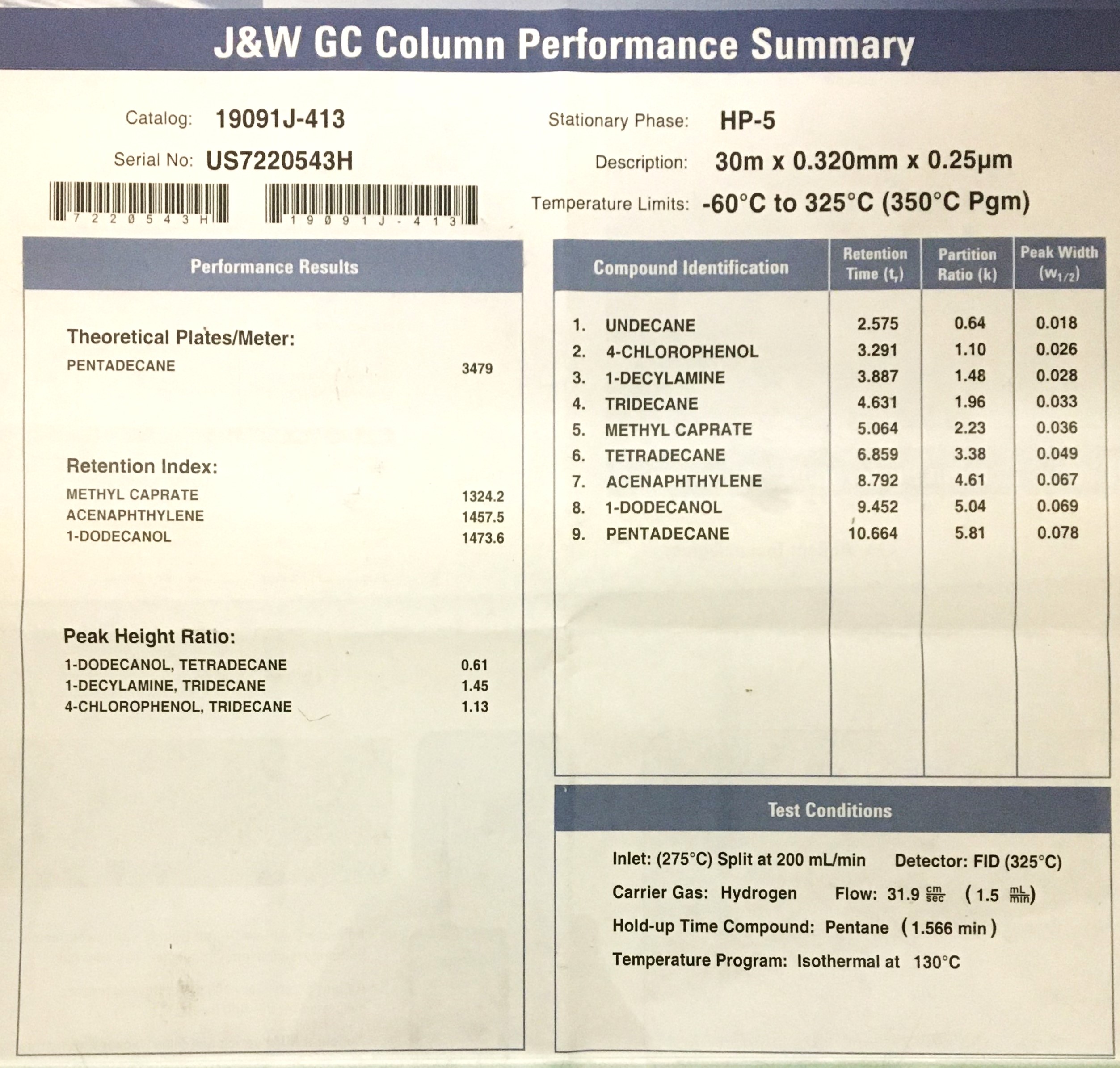 New Open Box Agilent (Hewlett Packard) HP-5 (19019J-413) Capillary Column (30M x 0.32mm x 0.25µm)
