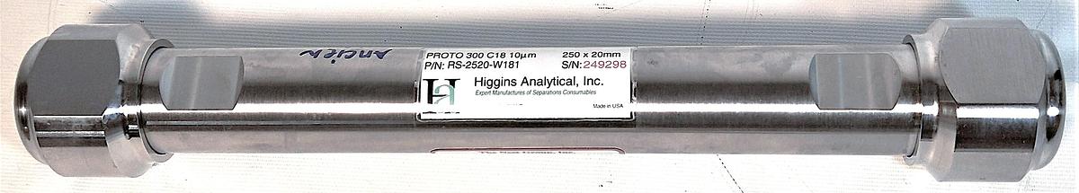 Used Higgins PROTO300 C18 Semi-Prep LC Column (25 cm × 20 mm x 10µm)