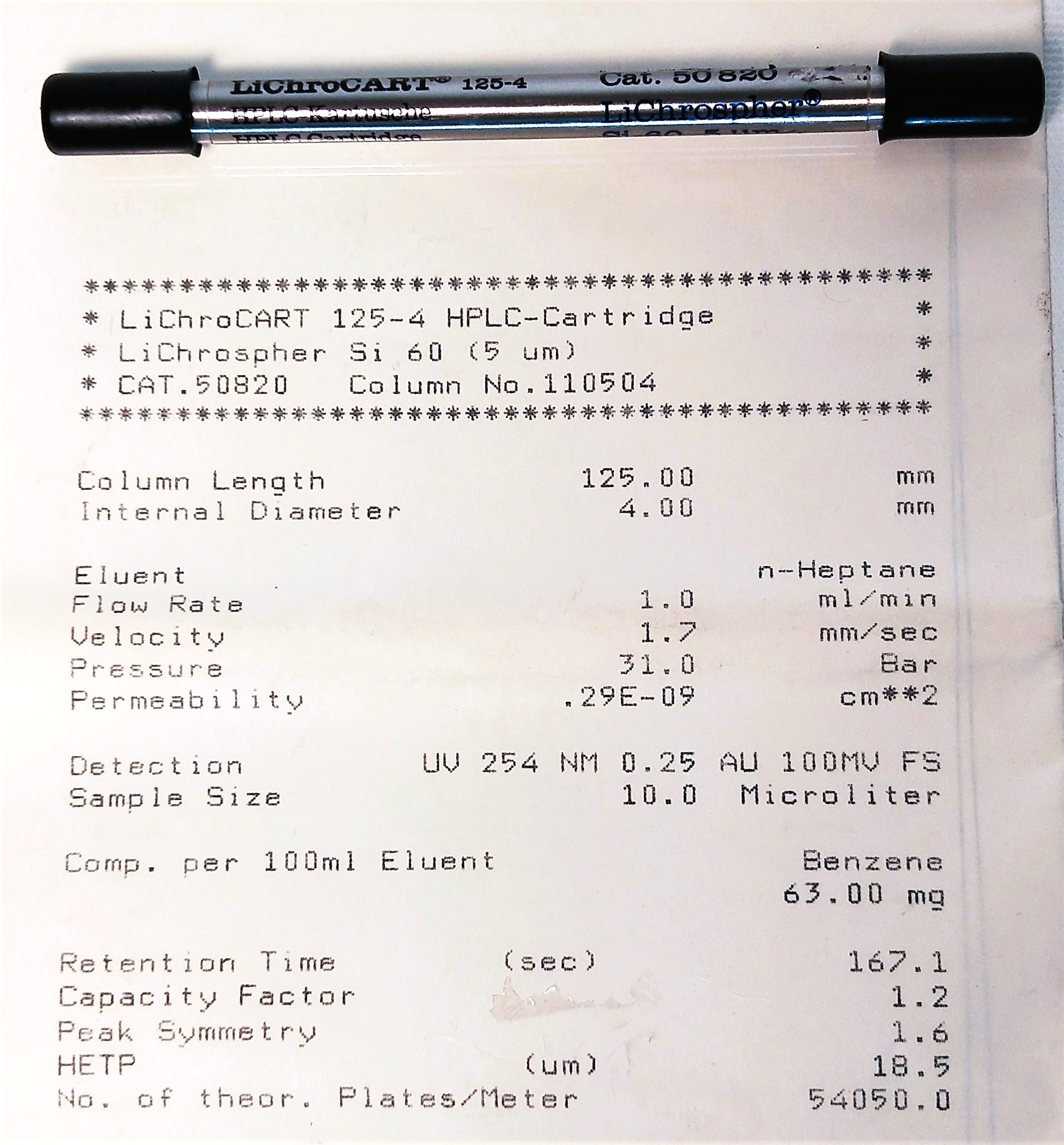 Used Merck LiChrospher Si-60 (LiChroCART 125-4) HPLC Cartridge (12.5cm x 4mm x 5µm)