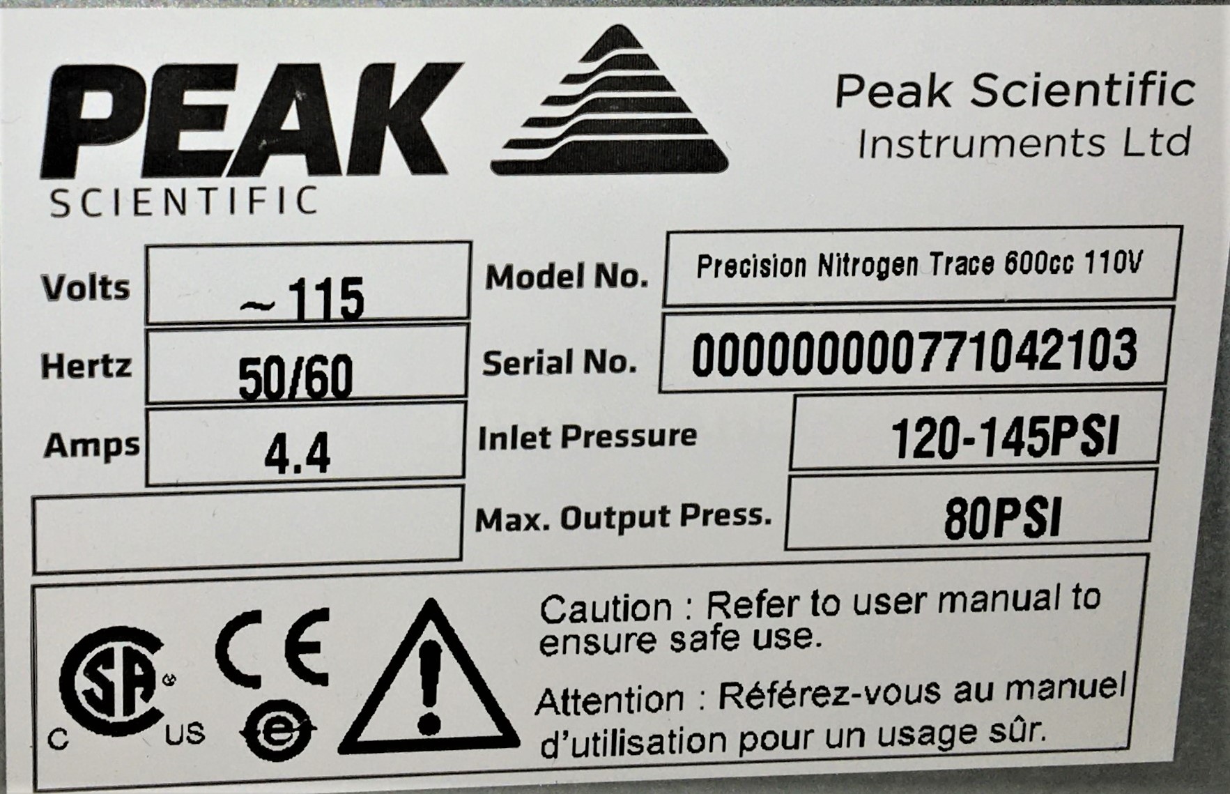 Used Peak Trace 600 Nitrogen Generator with Precision Air Compressor