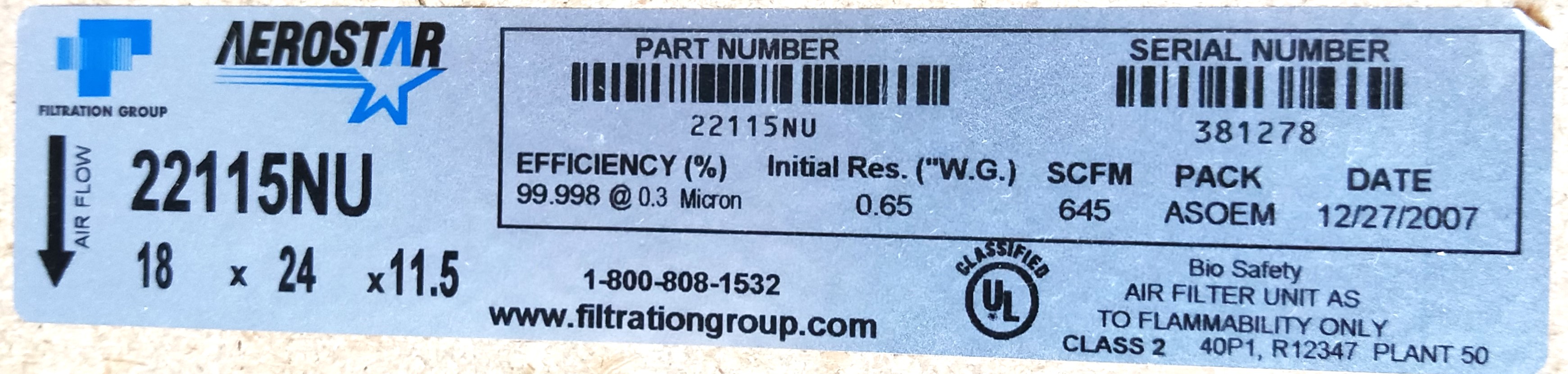 New Open Box Aerostar 22115NU HEPA Filter (24"L x 18"D x 11.5" Thick)