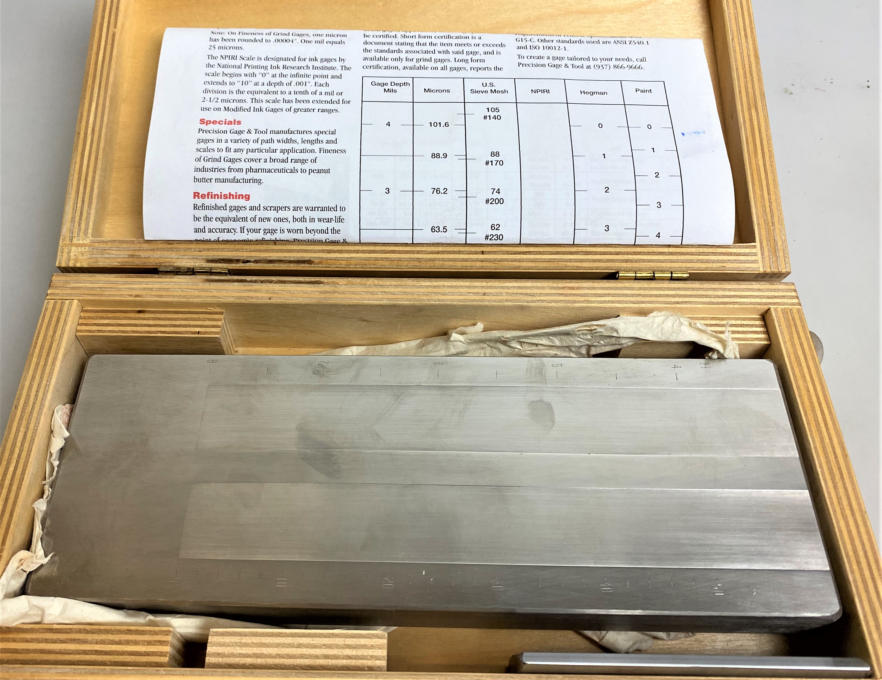 Used Precision Gage & Tool 6252 Fineness of Grind Gage - 0 to 50 Micron