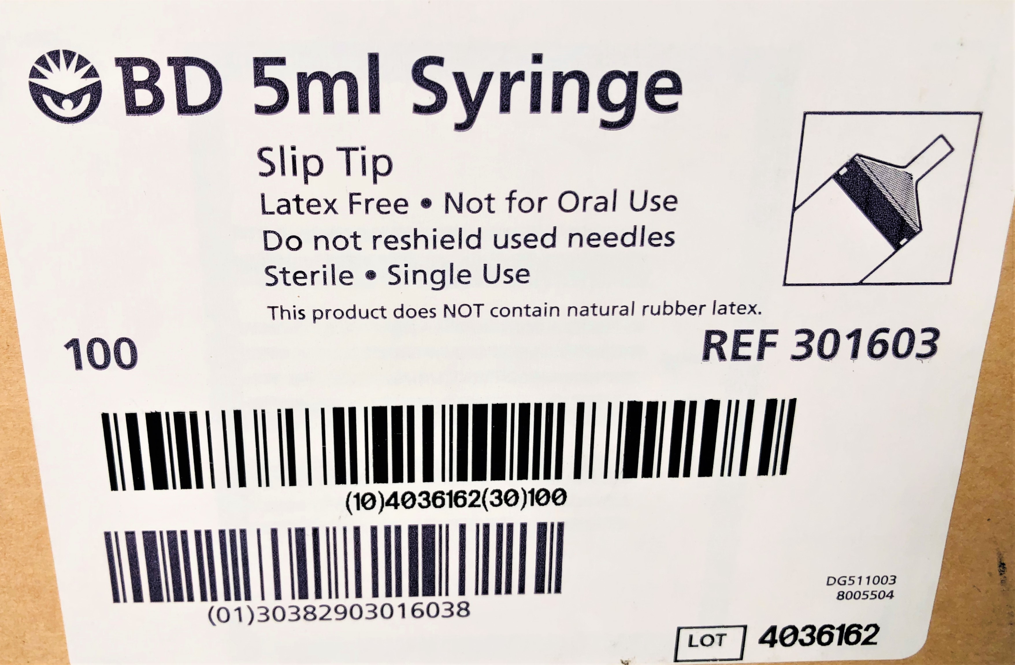 New Open Box B-D 301603 SlipTip Syringes without Needles - 5mL (Box of 100)