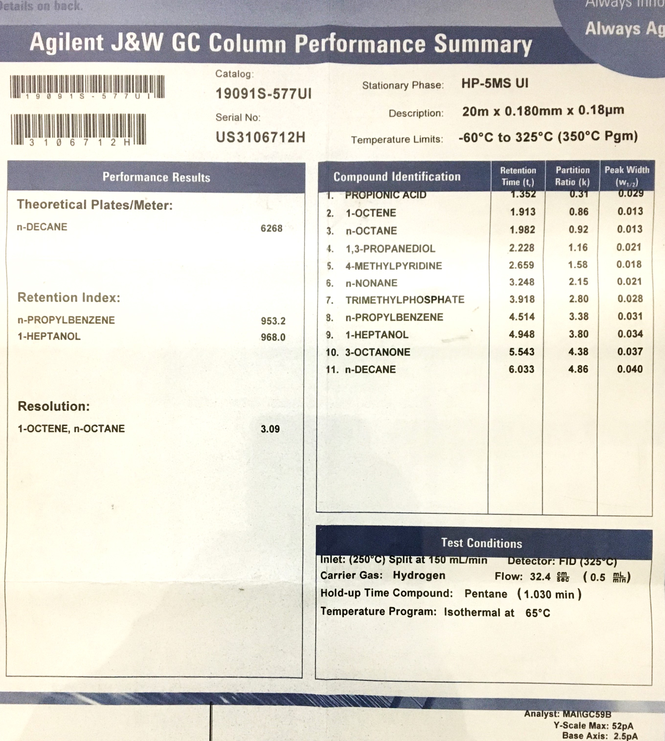 Used Agilent HP-5MS UI (19091S-577UI) Capillary Column (20M x 0.18mm x 0.18µm)