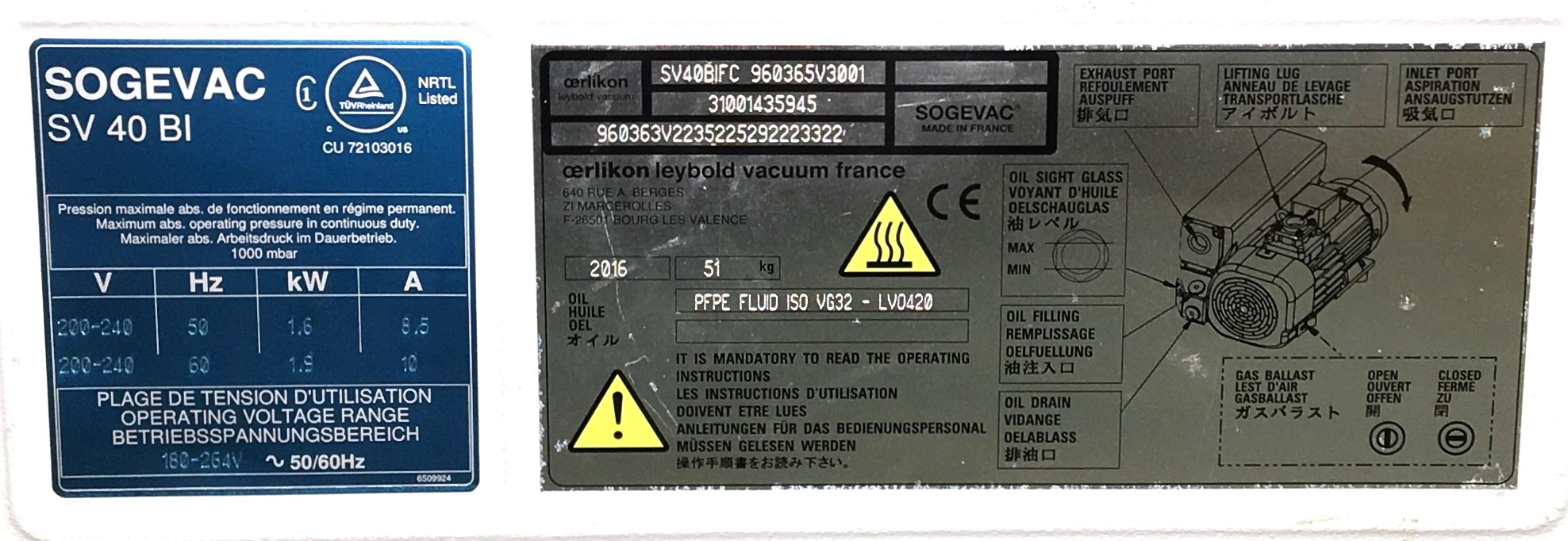 Used Oerlikon Sogevac SV40 BIFC Rotary Vacuum Pump (22.7 / 27.7 cfm)