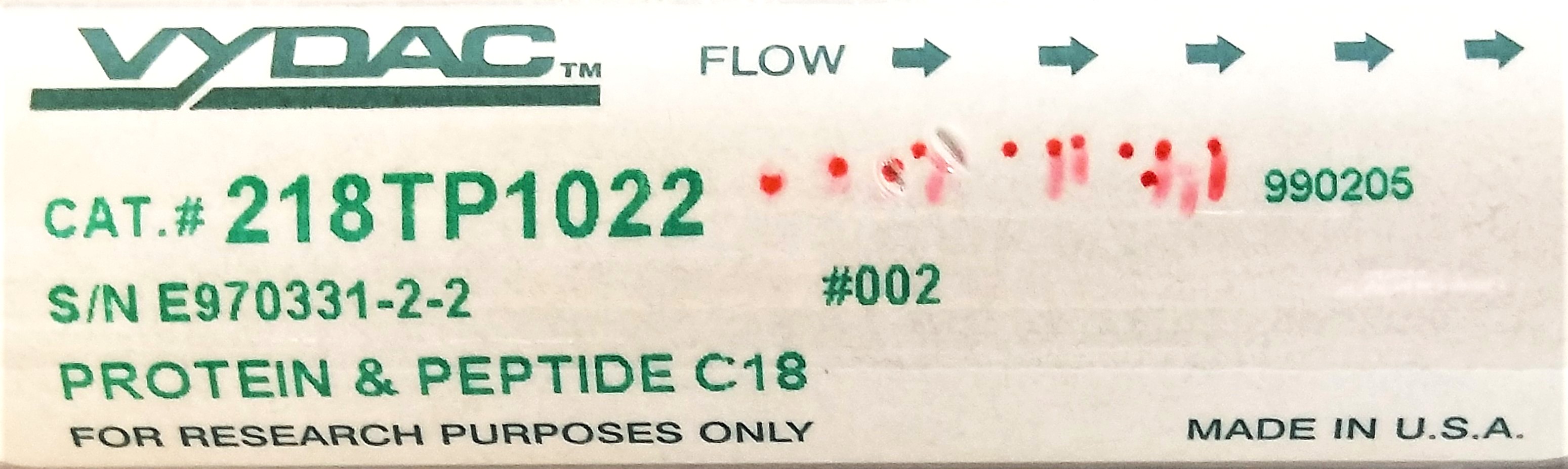 Used Vydac 218TP1022 C18 Preparative LC Column (25 cm × 22 mm x 10µm)