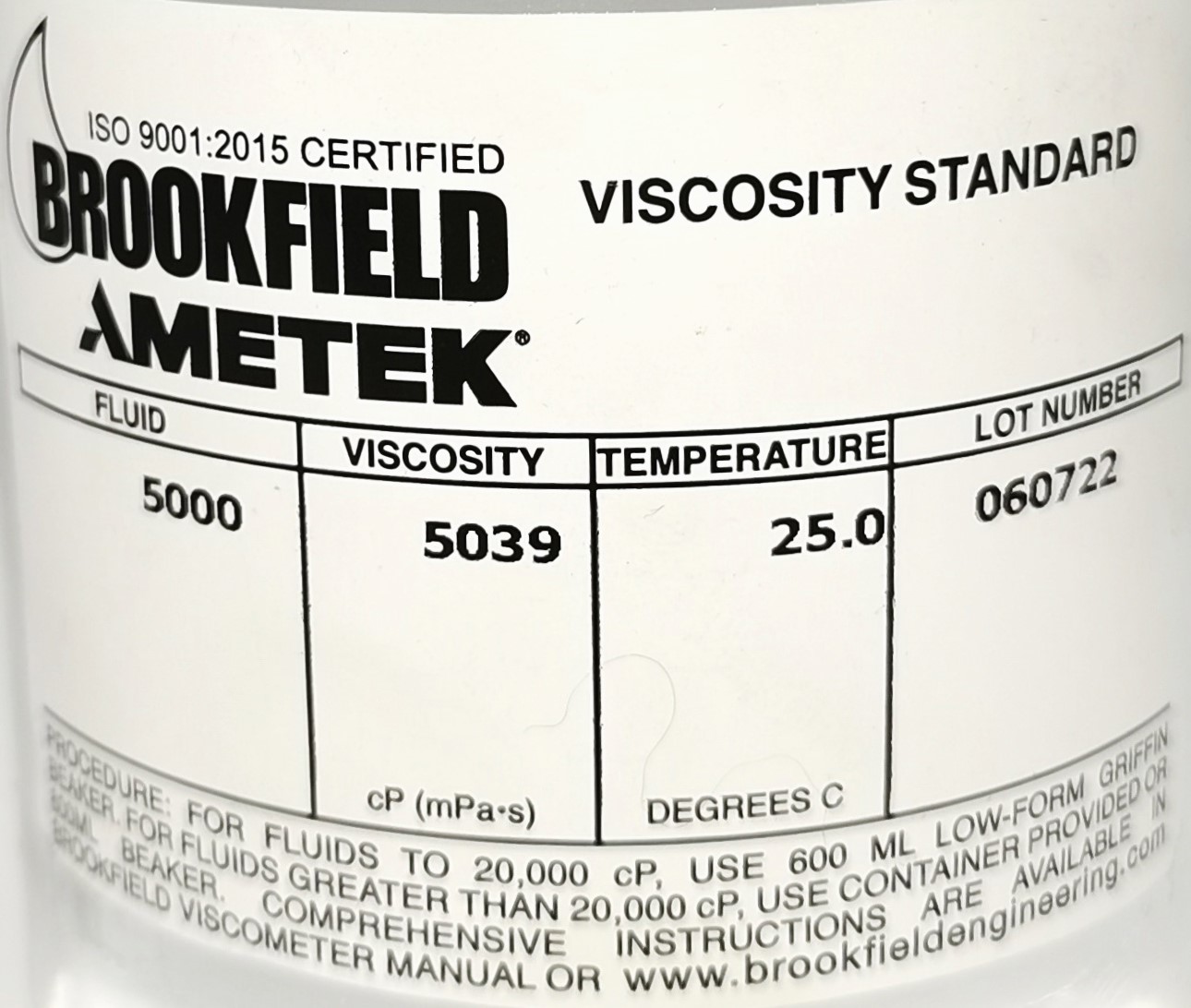 New Brookfield #5000 Viscosity Standard (5,000cp)