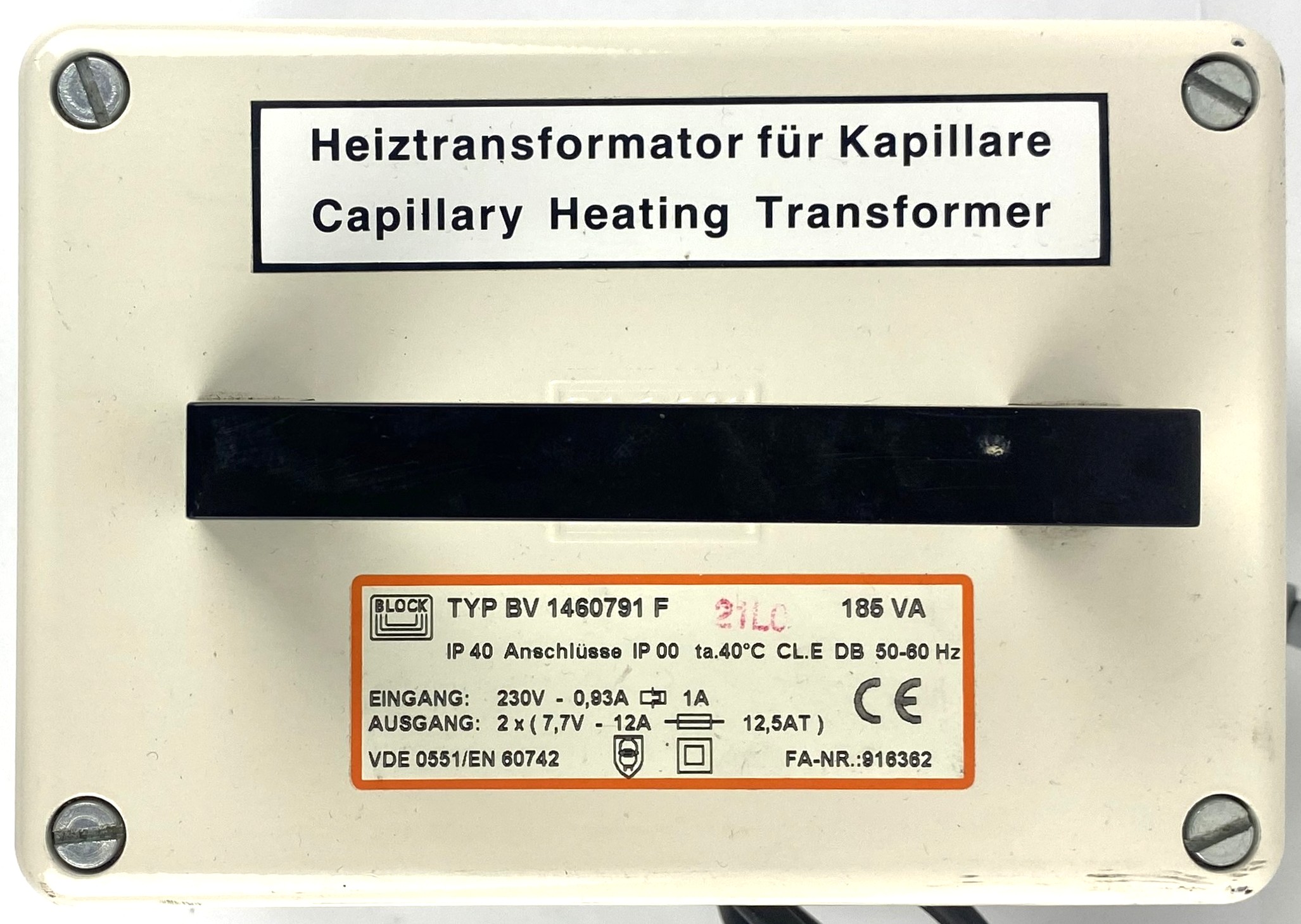 Used BLOCK BV 1460791F Capillary Heating Transformer