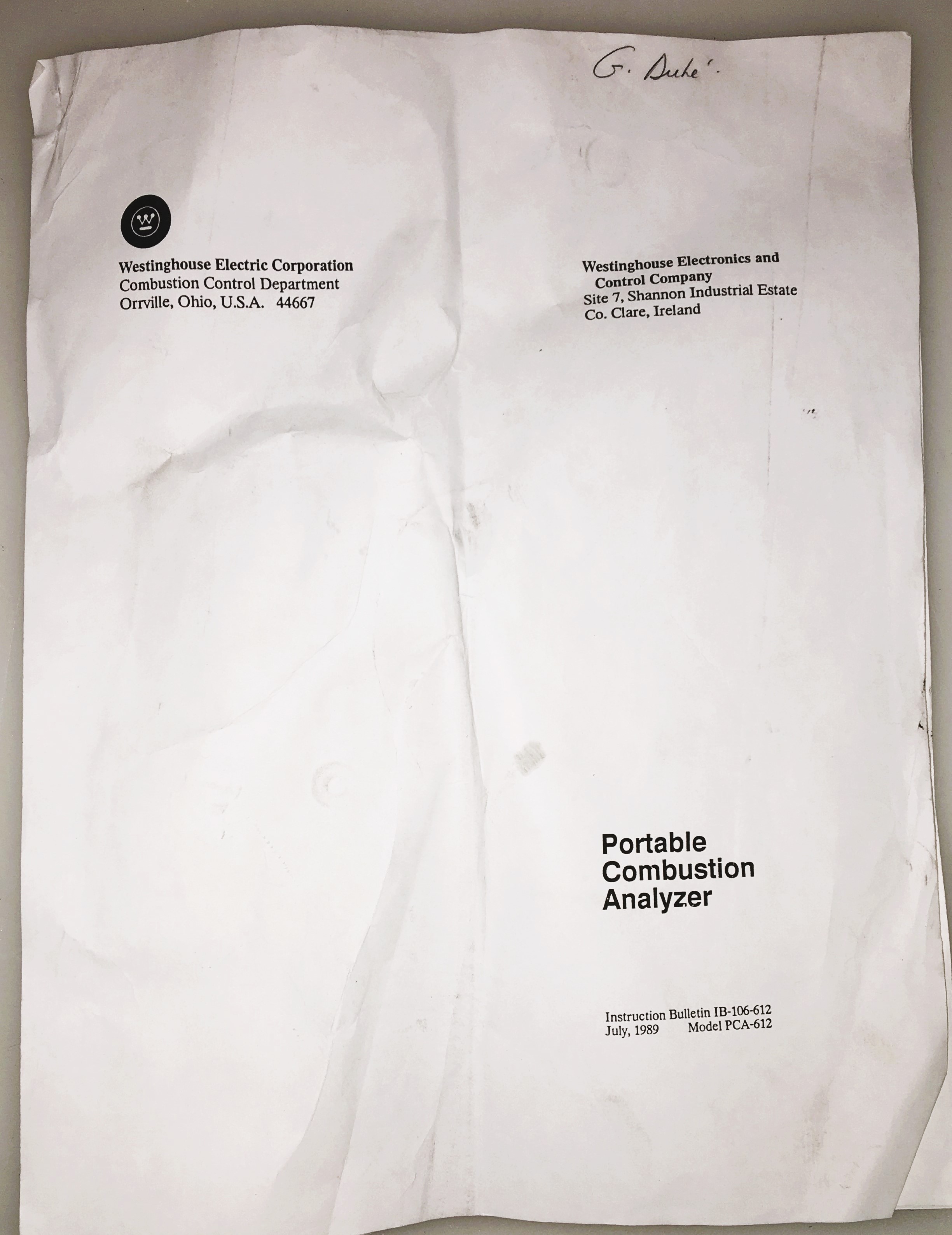 Used Westinghouse PCA-612 Portable Combustion Analyzer