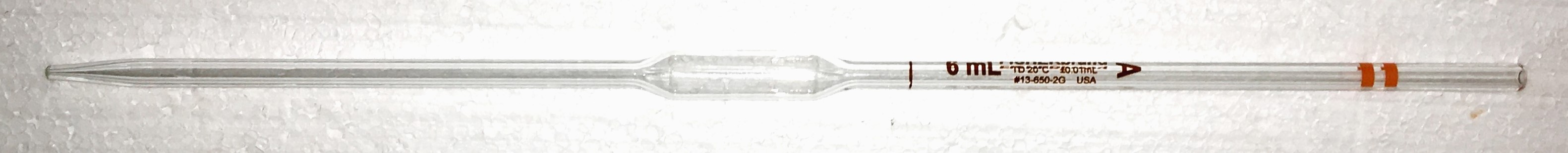 Used Fisherbrand 13-650-2G Class A 6mL Volumetric Pipet