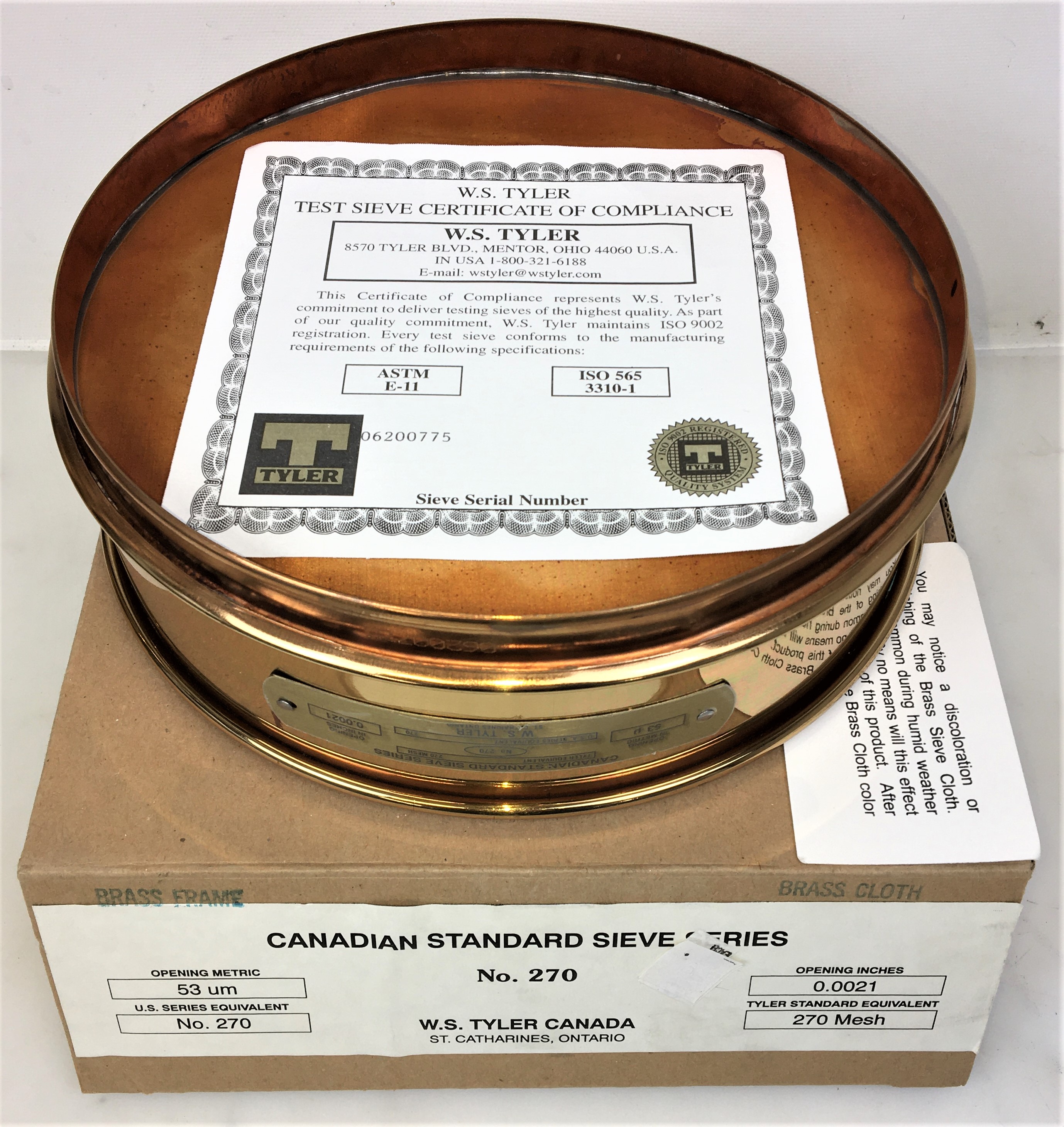 New Open Box Tyler #270 Brass 12" Sieve (75μm)