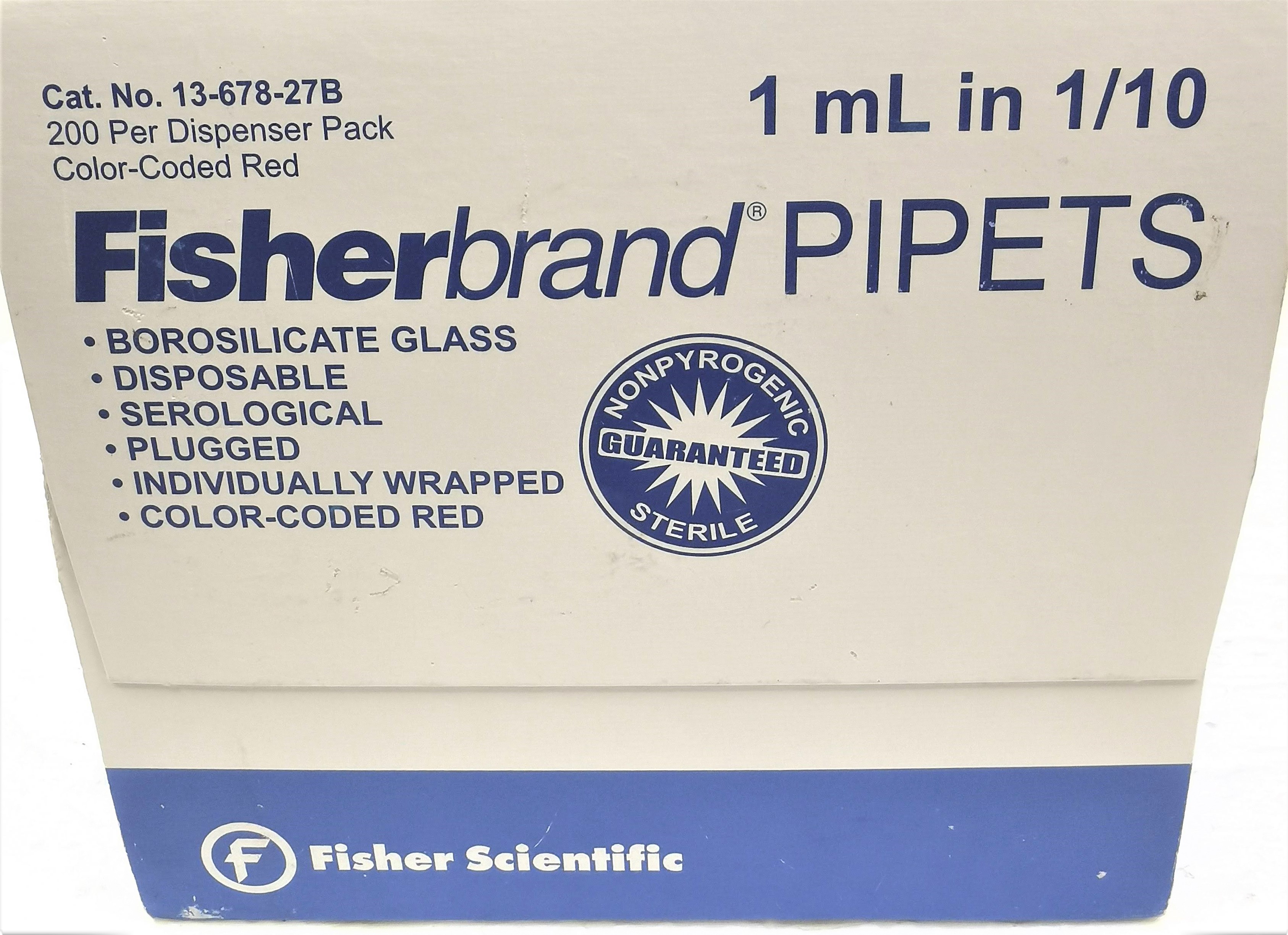 New Open Box Fisherbrand 13-678-27B Sterile Glass Disposable Serological Pipets - 1mL in 1/10 (Pack of 166)