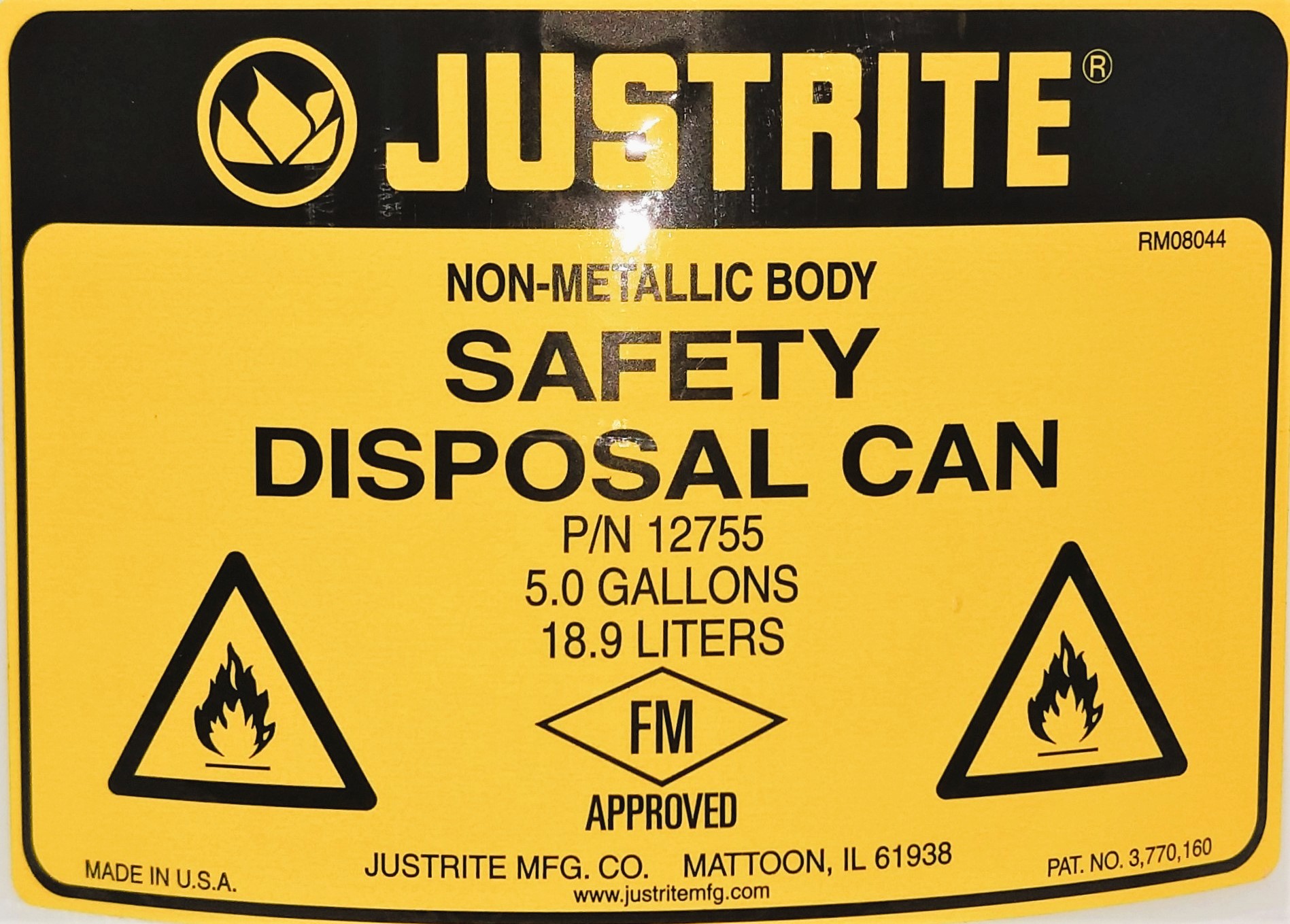 Used Justrite 12755 Safety Disposal Can - 19L (5 Gallon)
