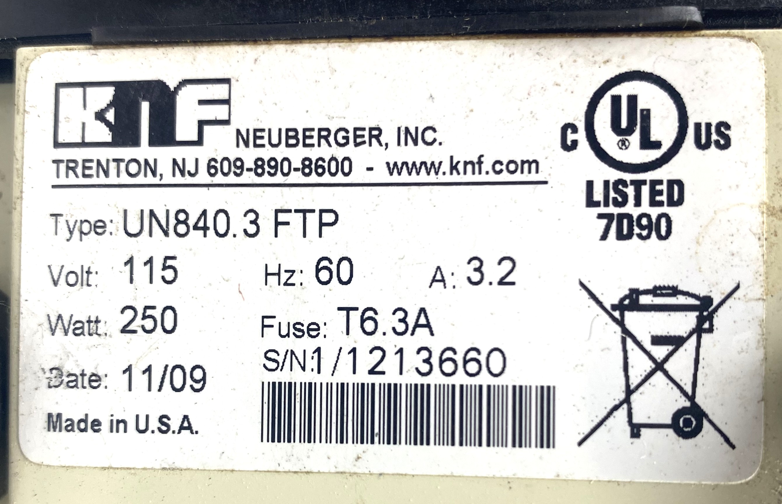 Used KNF Laboport UN840.3 FTP Diaphragm Vacuum Pump (1.2 CFM)