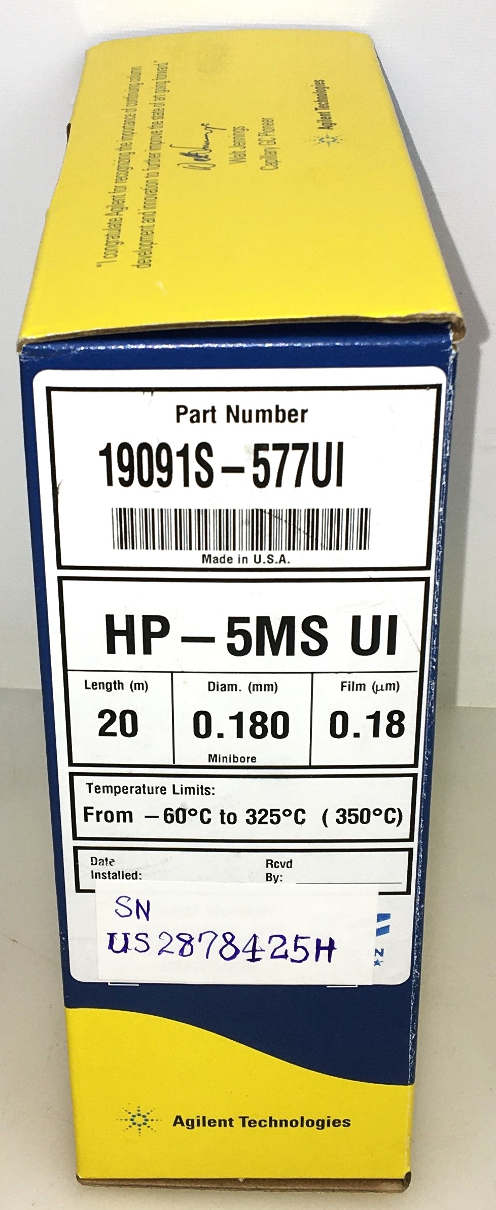 Used Agilent HP-5MS UI (19091S-577UI) Capillary Column (20M x 0.18mm x 0.18µm)