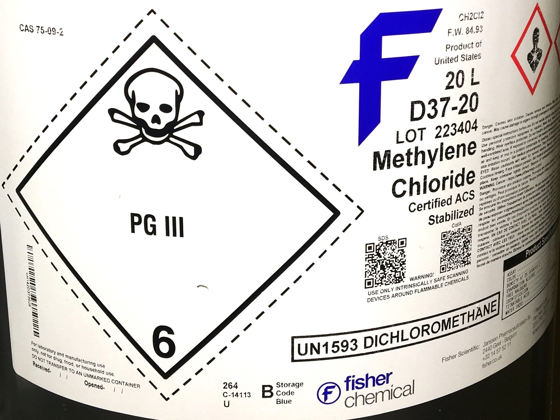 New Fisher Chemical D37-20 Methylene Chloride - ≥99.5 % (20L)
