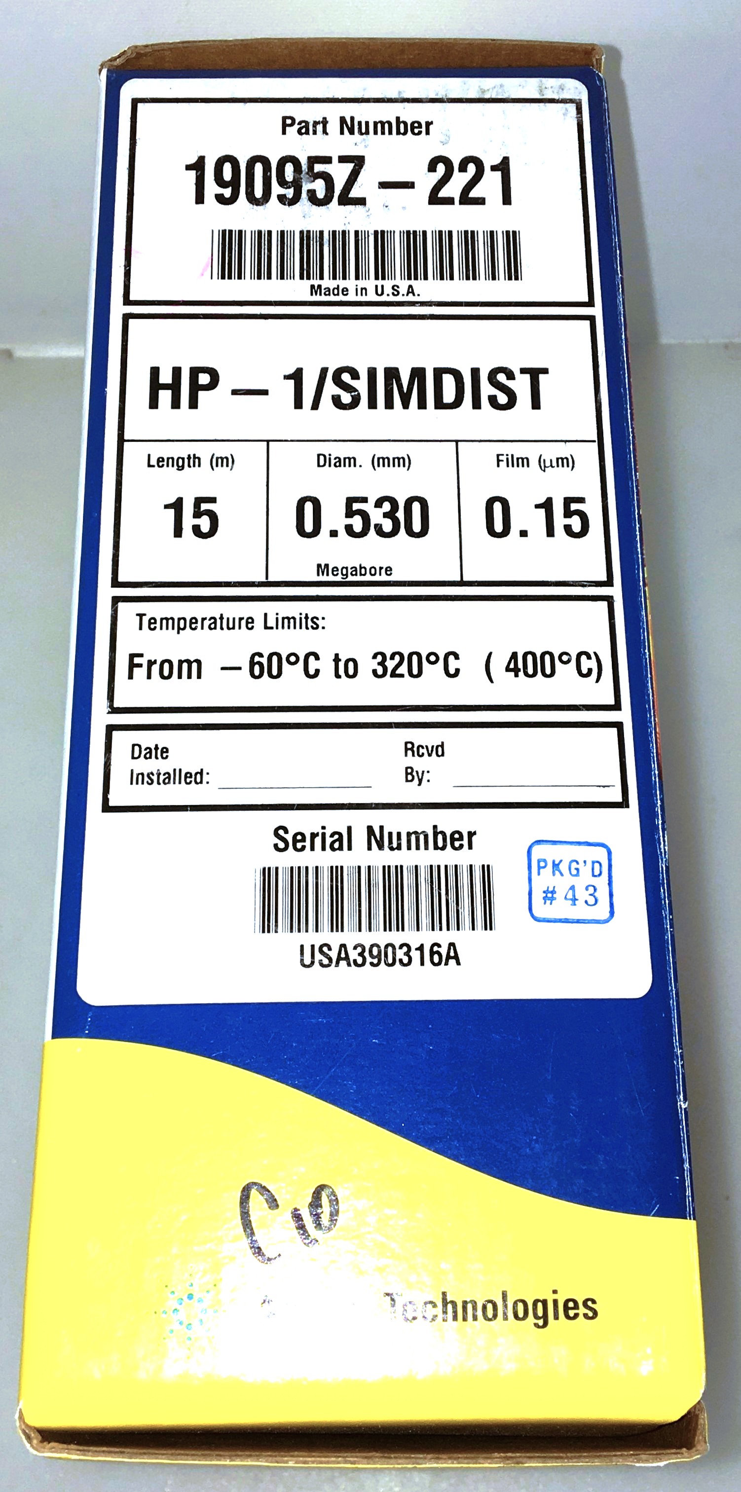 New Open Box Agilent HP-1/SIMDIST (19015Z-221) Capillary Column (15M x 0.53mm x 0.15µm)