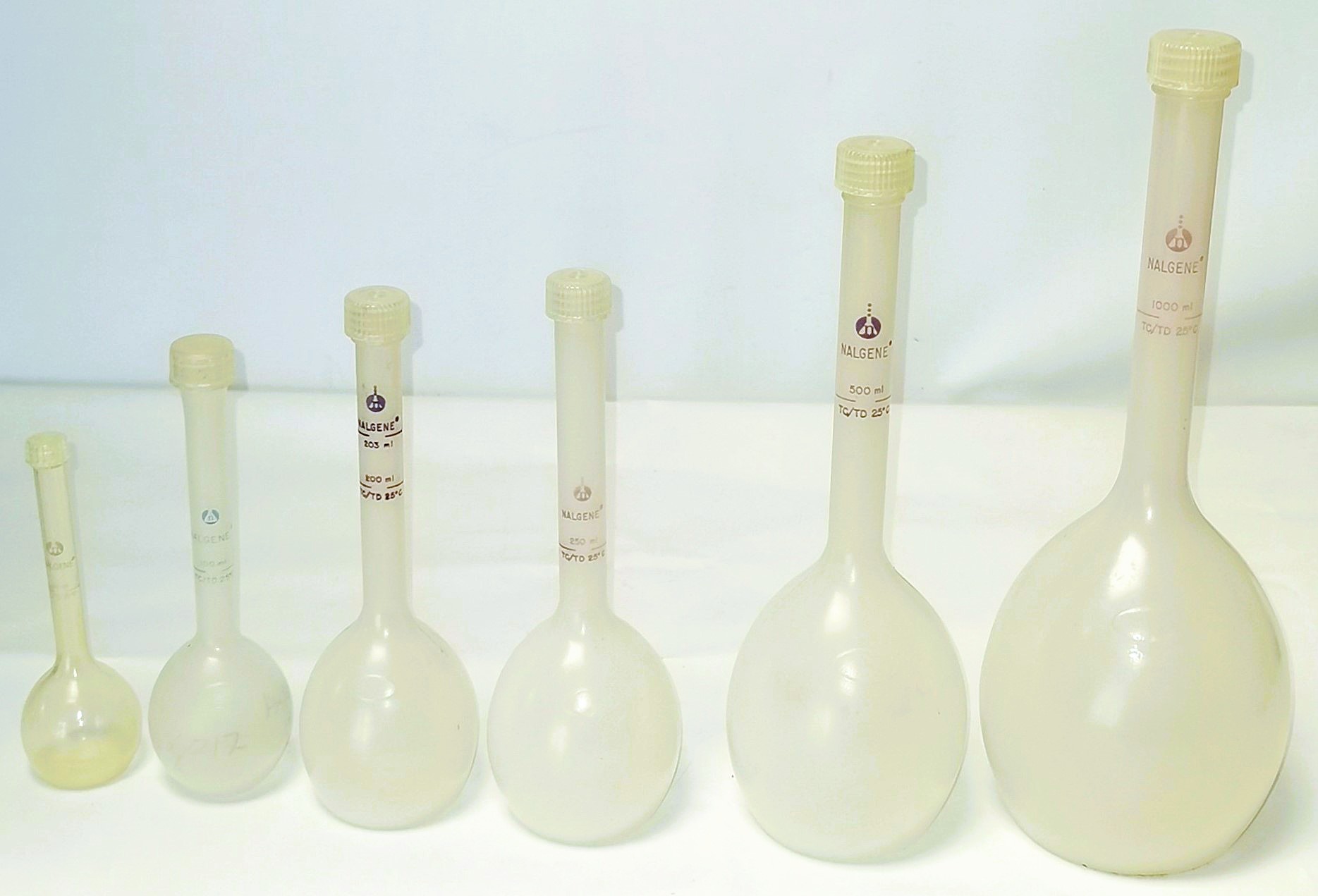 Used Lot of 40 Nalgene 4000 Polypropylene Volumetric Flasks - Various Volumes