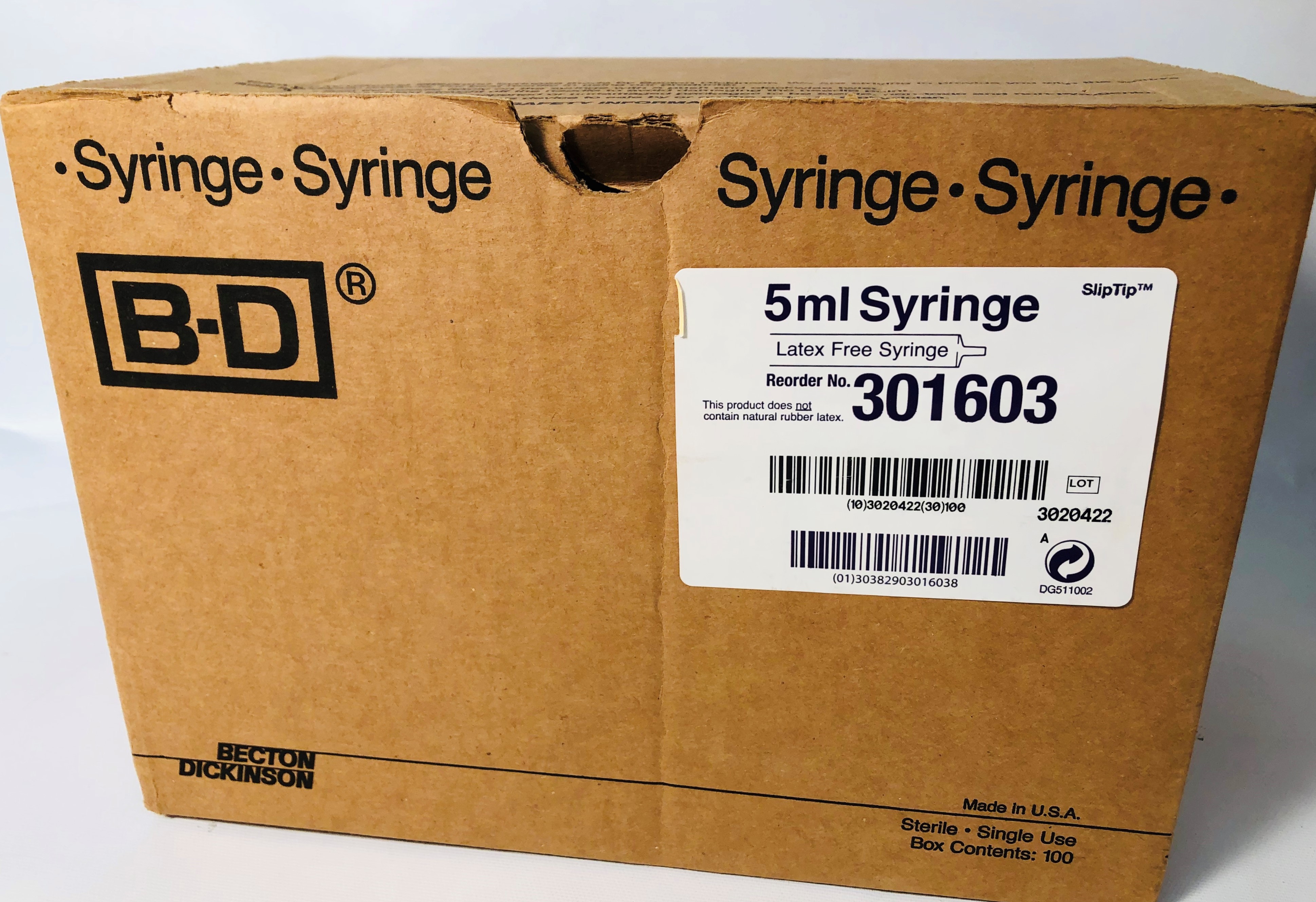 New Open Box B-D 301603 SlipTip Syringes without Needles - 5mL (Box of 100)