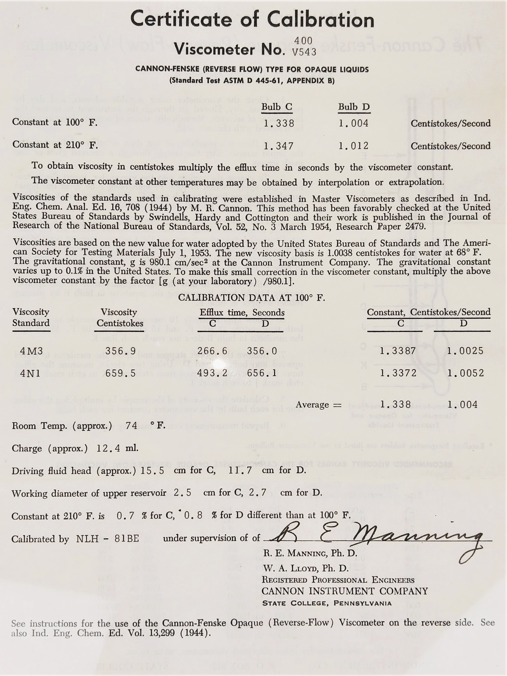 Used Cannon-Fenske CFOC-400 (9721-F74) Certified Opaque Viscometer Tube (Size 400)