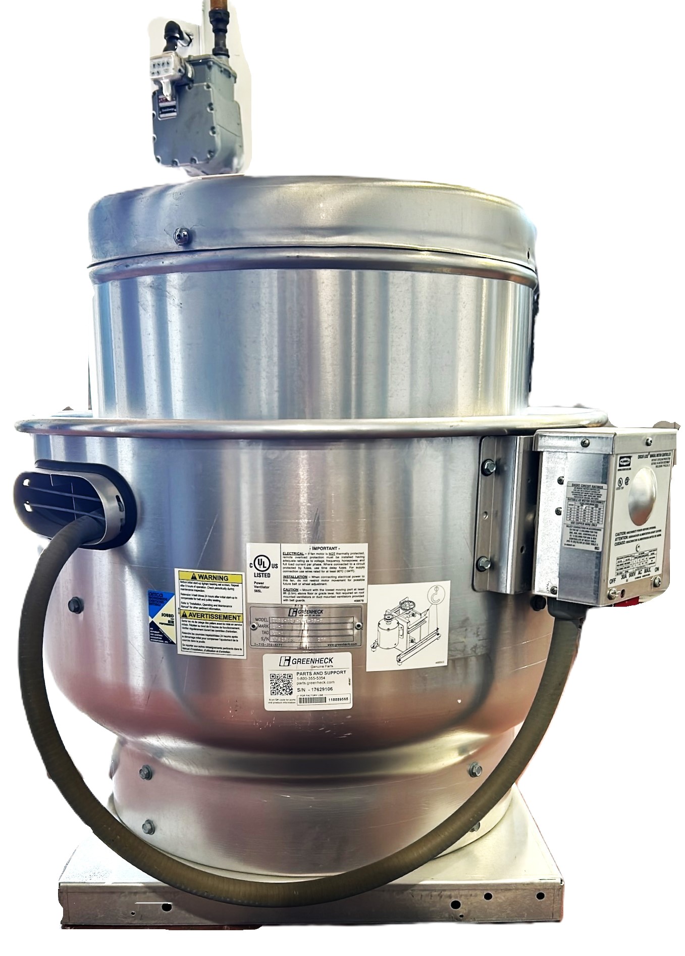 Used Greenheck CUBE-120 Rooftop Exhaust Fan-Blower for Fume Hood (1000 CFM)