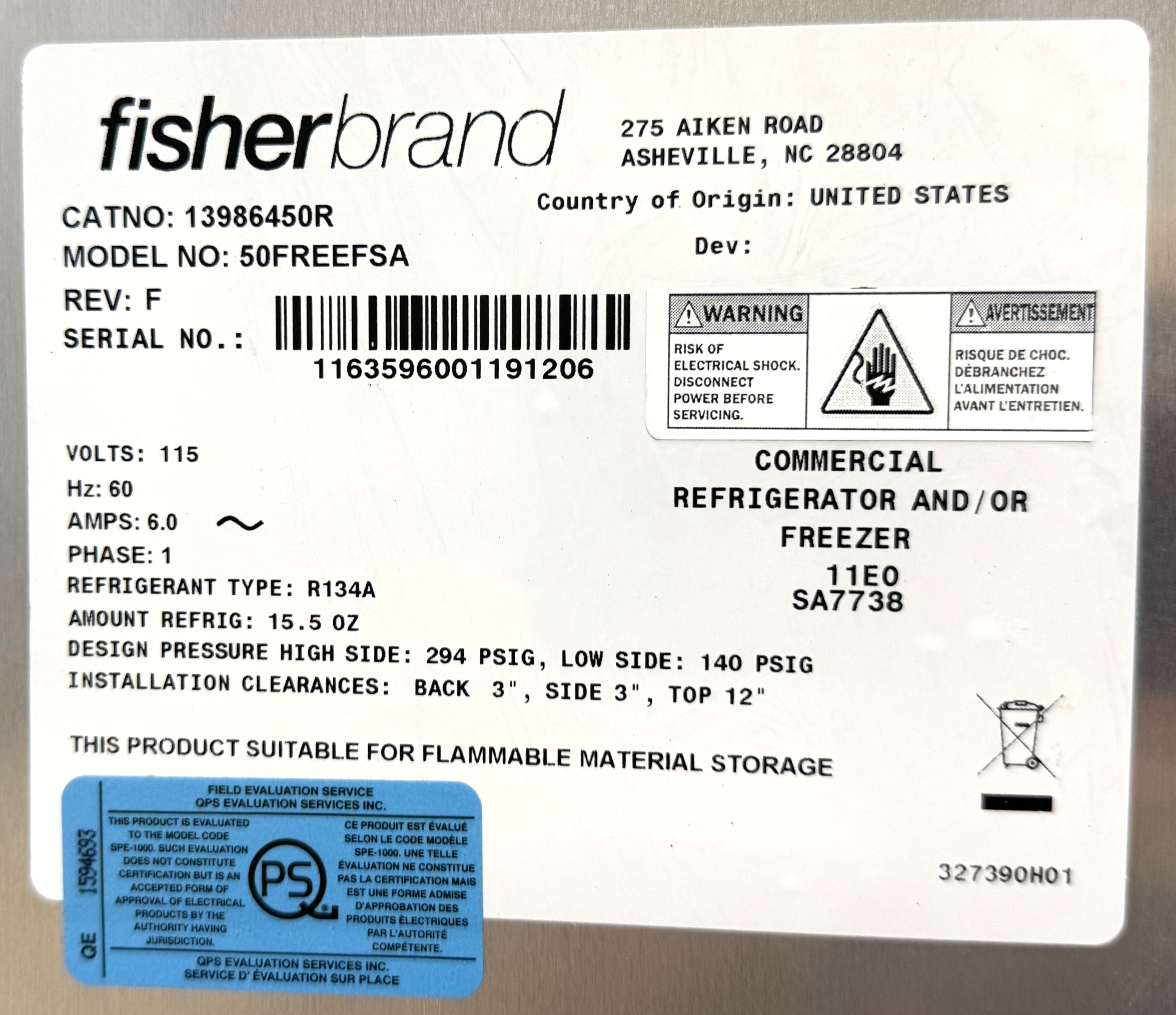 Used Fisher Isotemp 50FREEFSA 2-Door Flammable Storage Refrigerator (50 Cu-Ft)